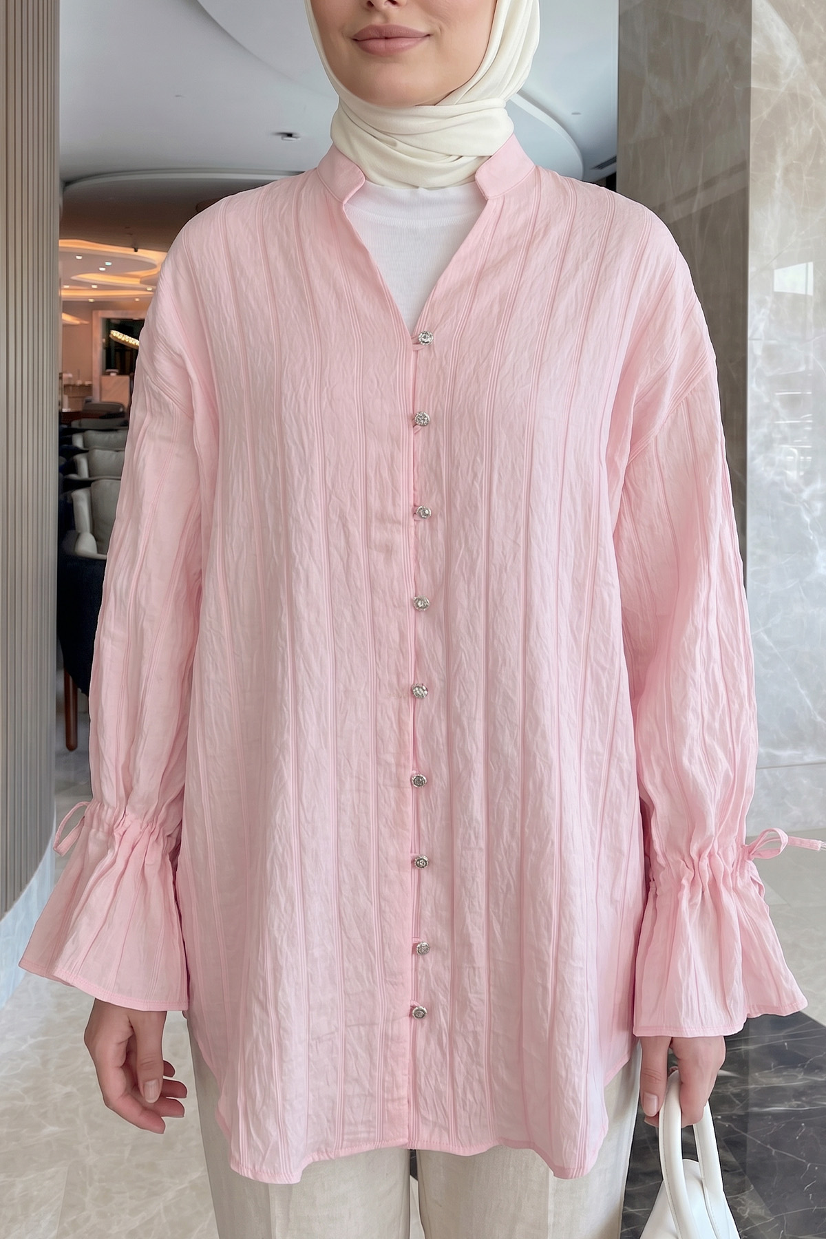 Degaje Yaka Çizgili Gömlek Y0121 - AÇIK PEMBE |  