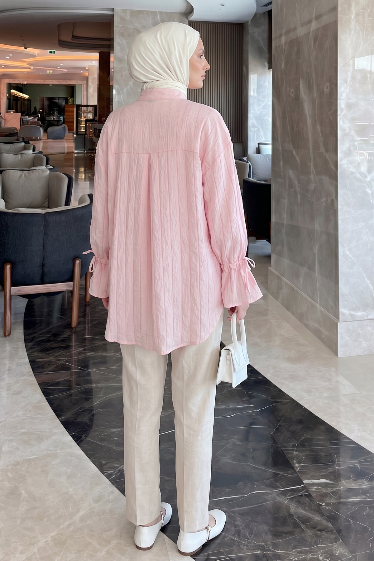 Degaje Yaka Çizgili Gömlek Y0121 - AÇIK PEMBE |  