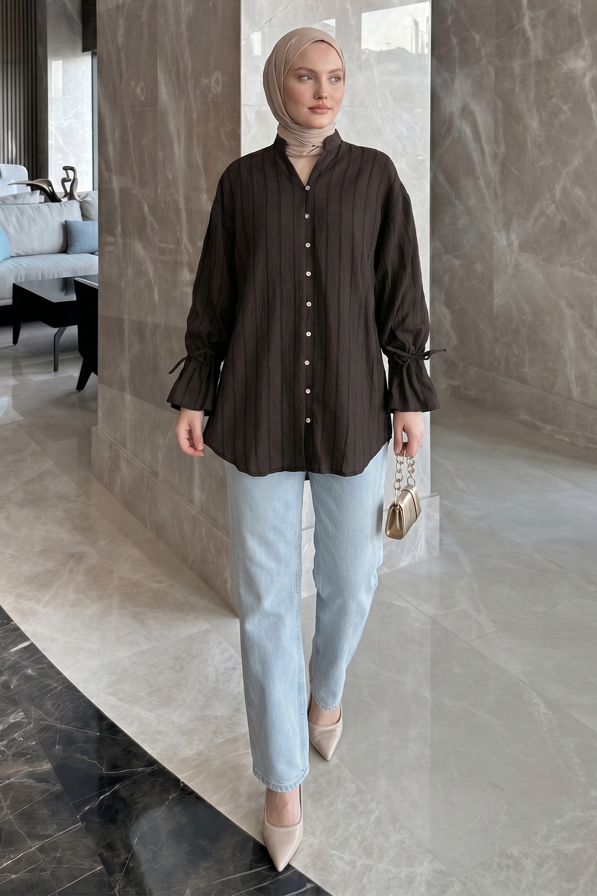 Degaje Yaka Çizgili Gömlek Y0121 - ACI KAHVE |  