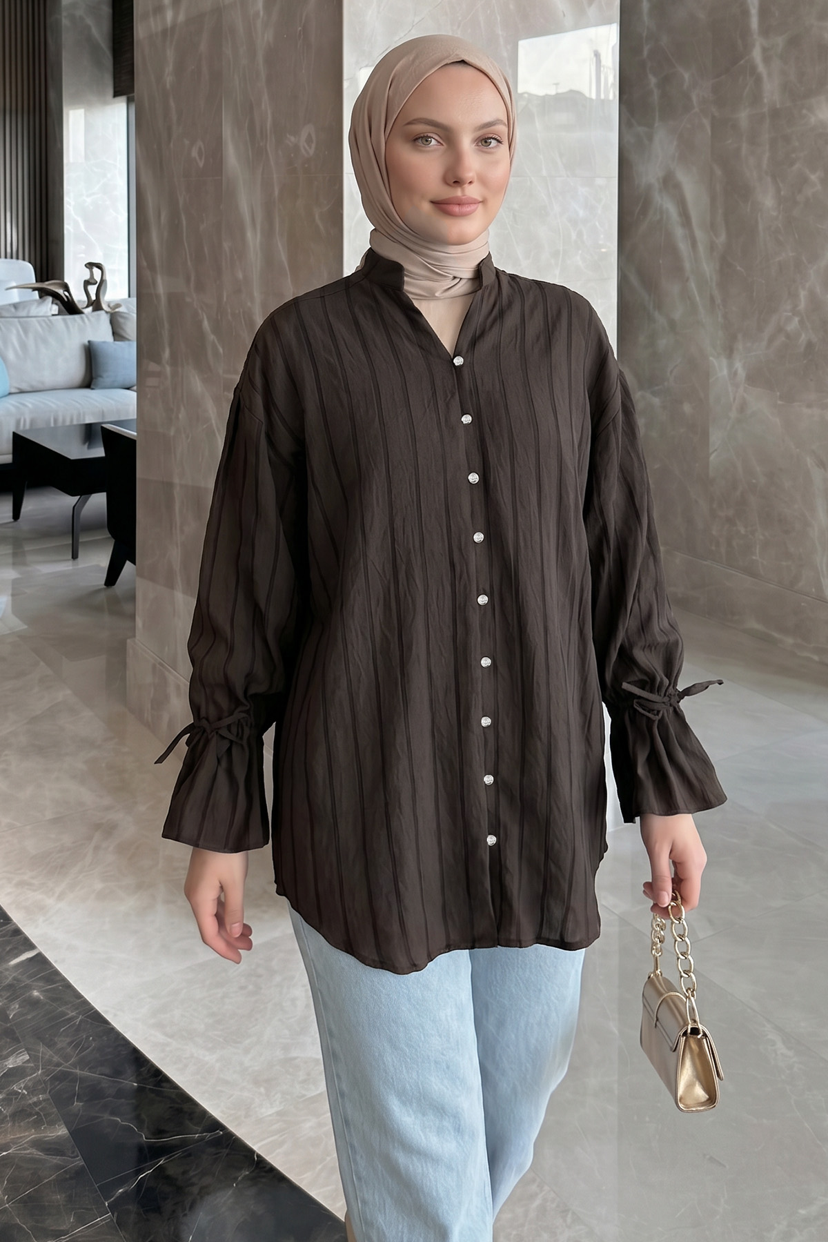 Degaje Yaka Çizgili Gömlek Y0121 - ACI KAHVE |  