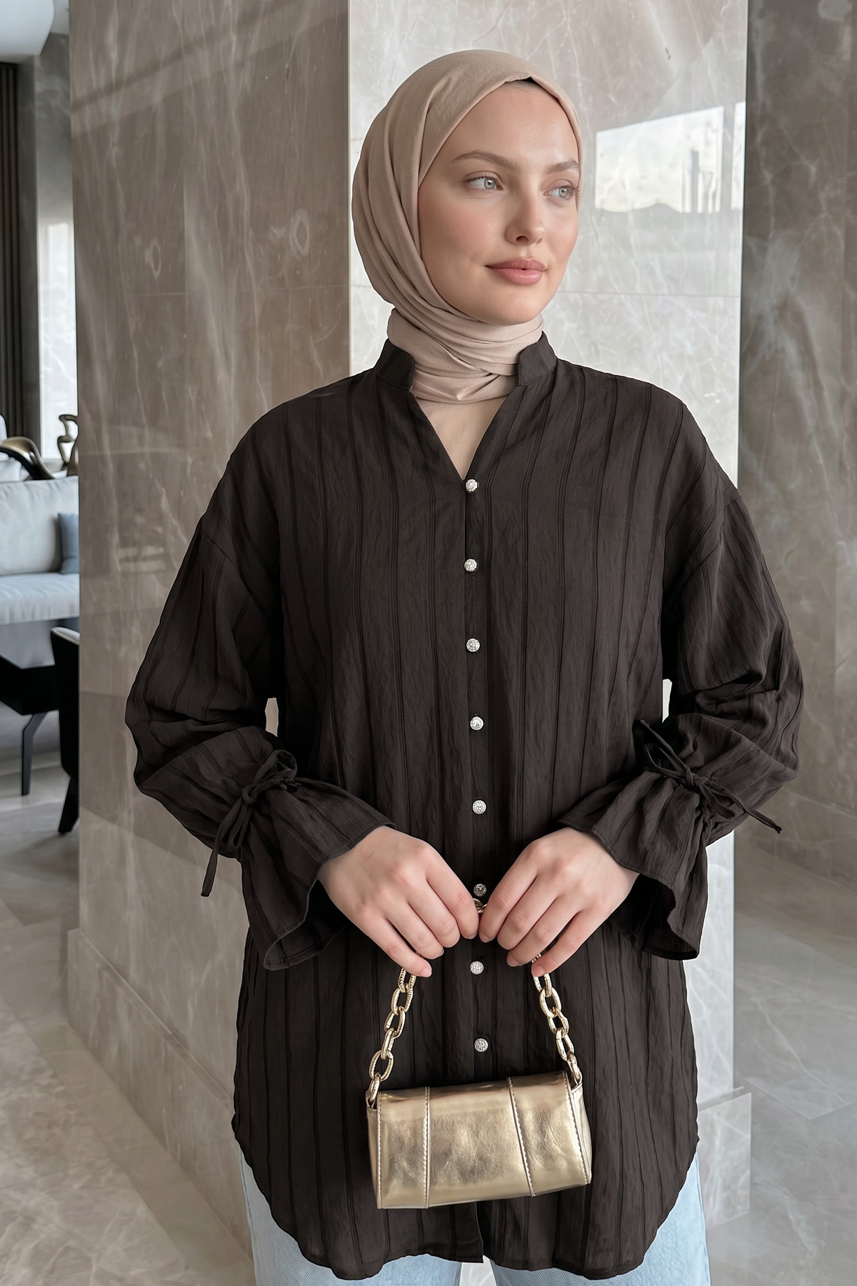 Degaje Yaka Çizgili Gömlek Y0121 - ACI KAHVE |  