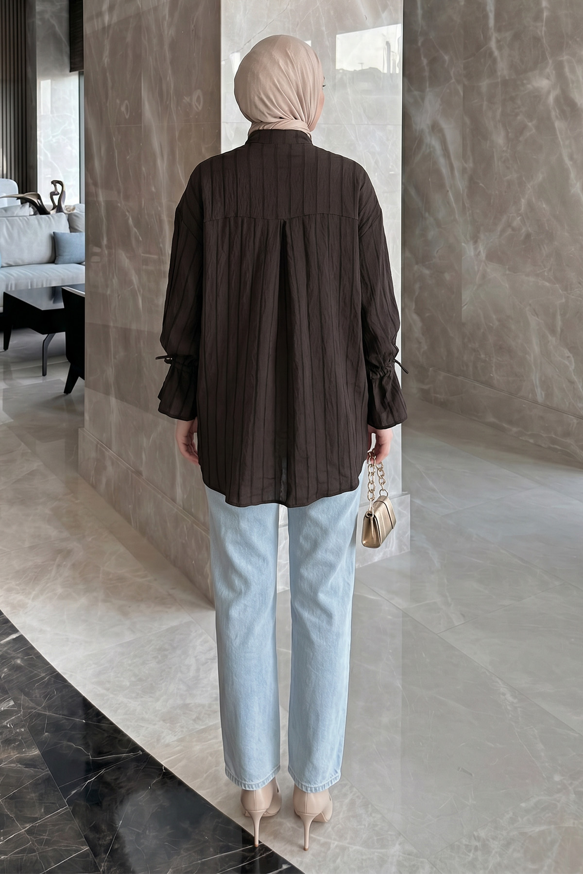 Degaje Yaka Çizgili Gömlek Y0121 - ACI KAHVE |  