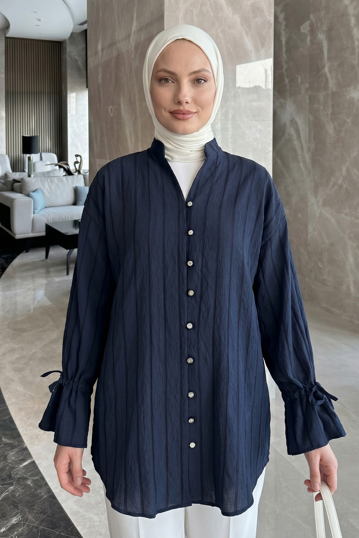 Degaje Yaka Çizgili Gömlek Y0121 - LACİVERT |  