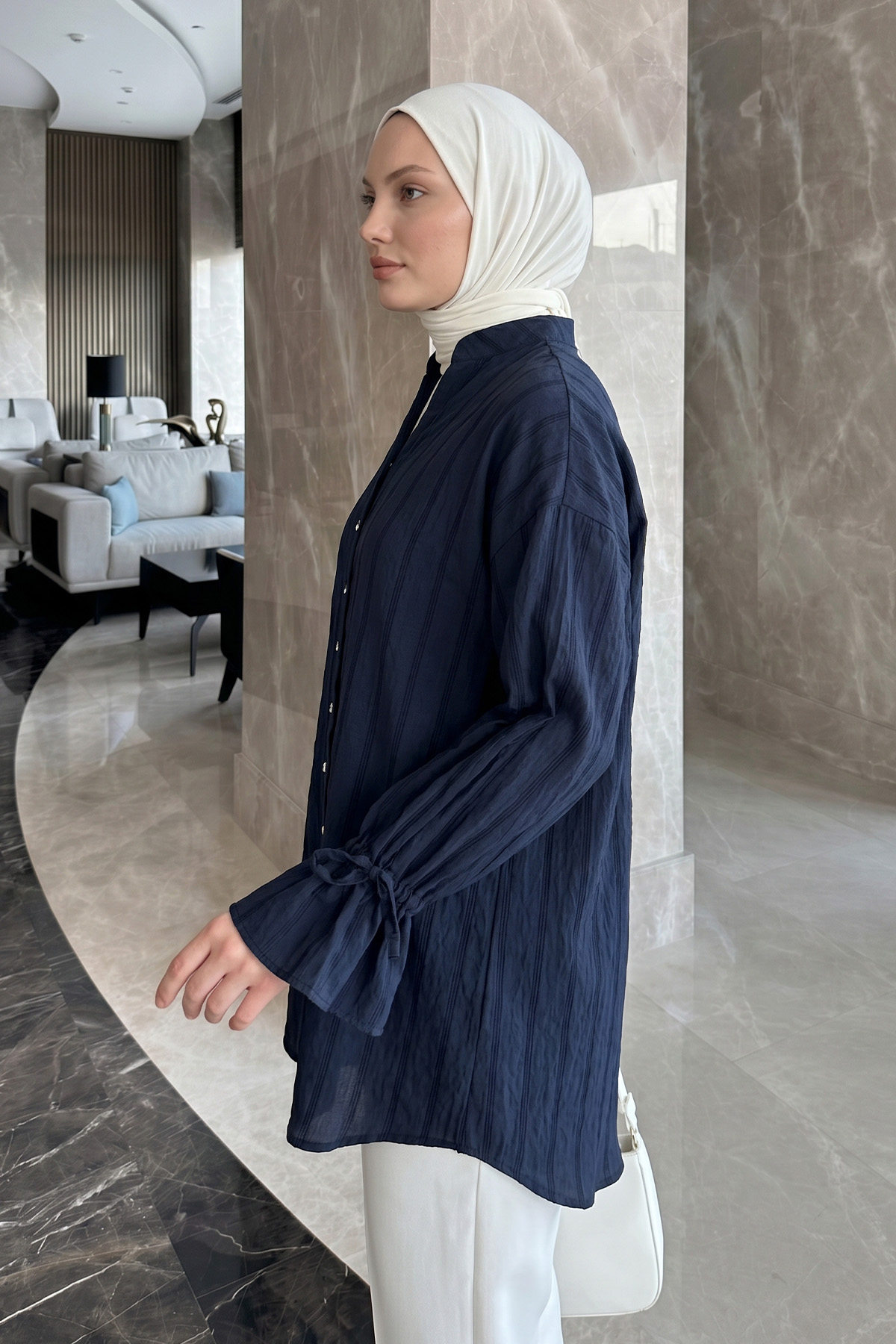 Degaje Yaka Çizgili Gömlek Y0121 - LACİVERT |  