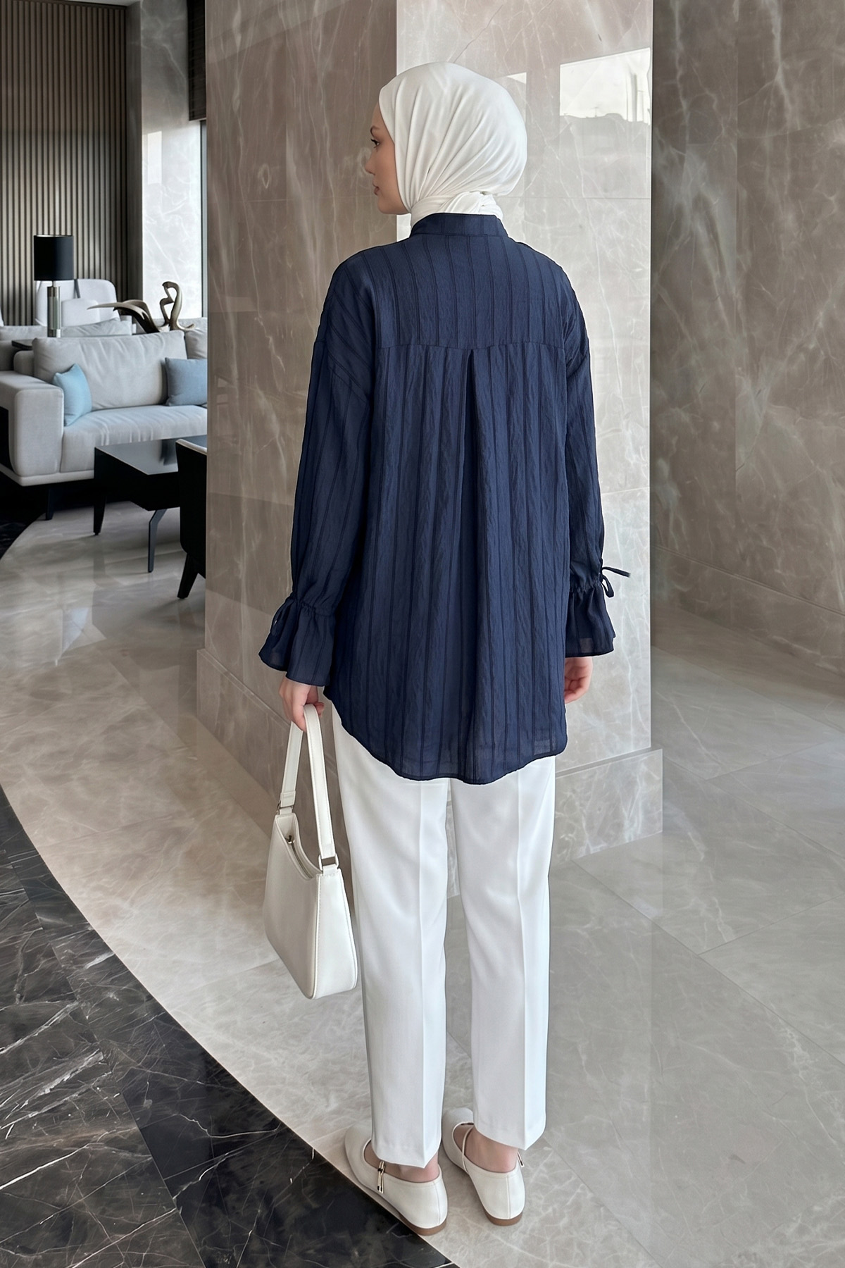 Degaje Yaka Çizgili Gömlek Y0121 - LACİVERT |  