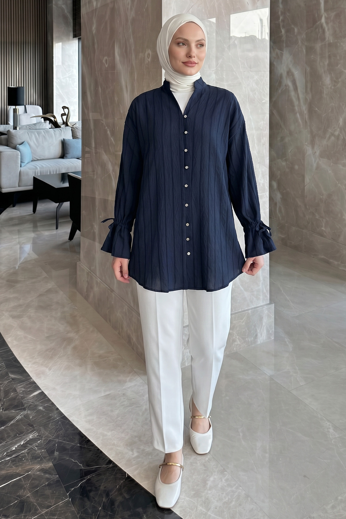 Degaje Yaka Çizgili Gömlek Y0121 - LACİVERT |  