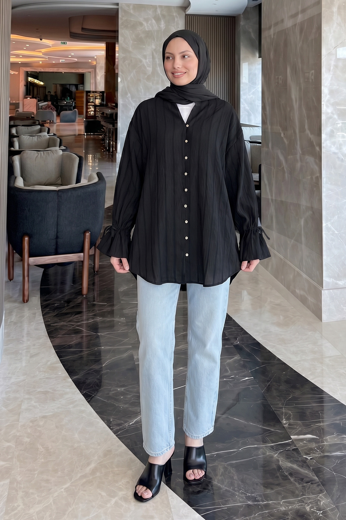 Degaje Yaka Çizgili Gömlek Y0121 - SİYAH |  