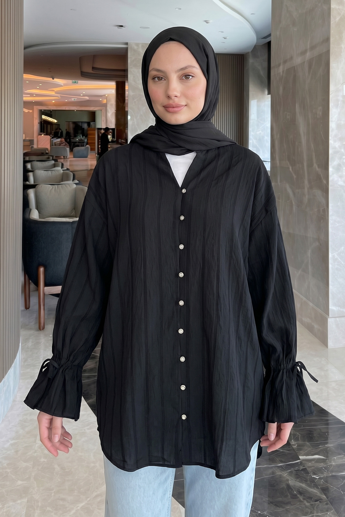 Degaje Yaka Çizgili Gömlek Y0121 - SİYAH |  