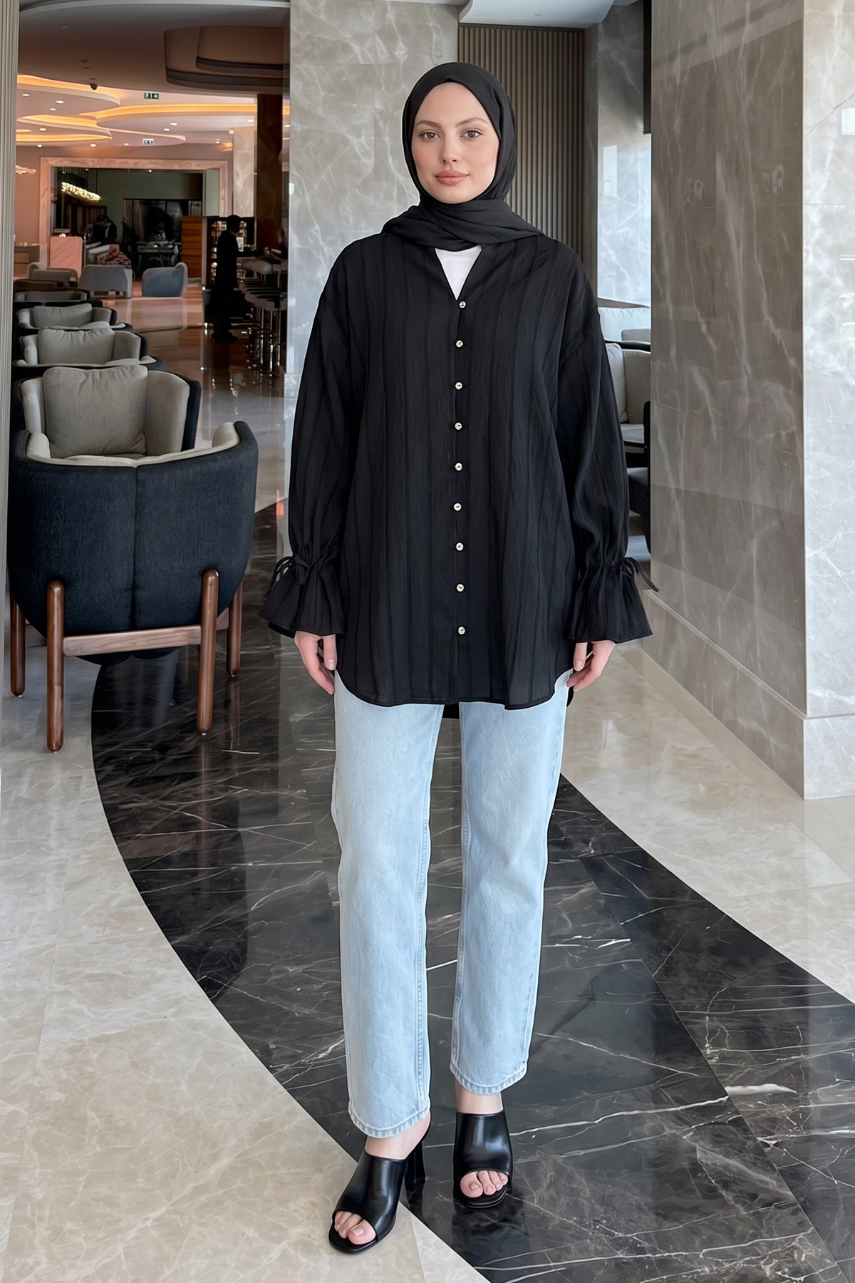 Degaje Yaka Çizgili Gömlek Y0121 - SİYAH |  