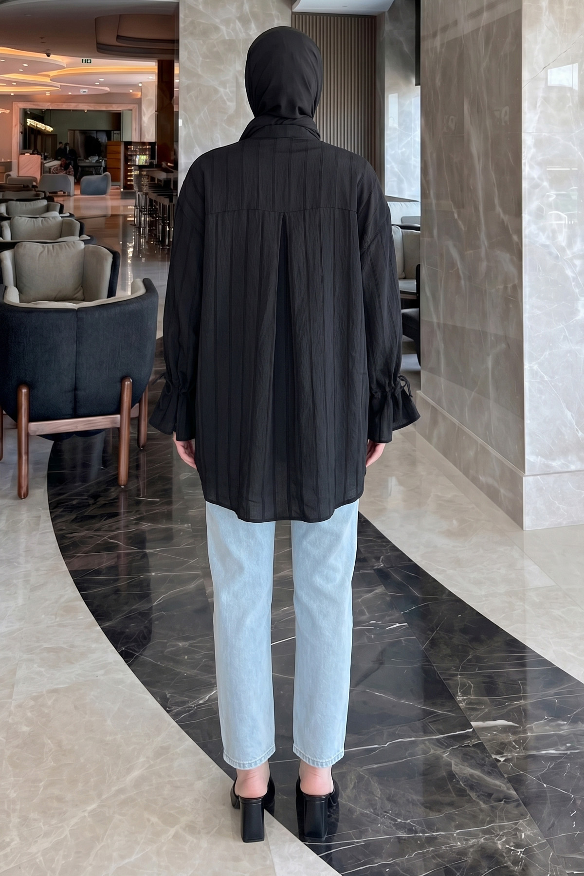 Degaje Yaka Çizgili Gömlek Y0121 - SİYAH |  