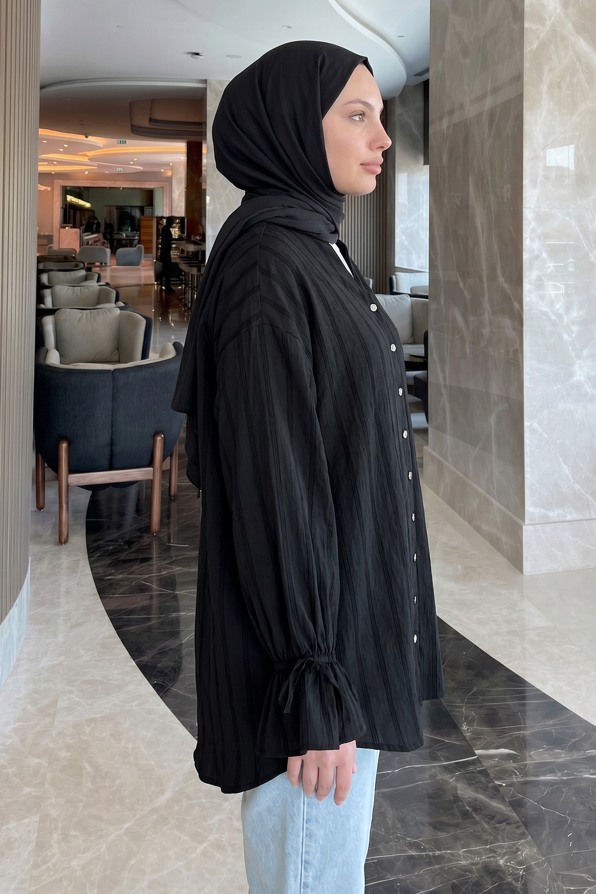 Degaje Yaka Çizgili Gömlek Y0121 - SİYAH |  