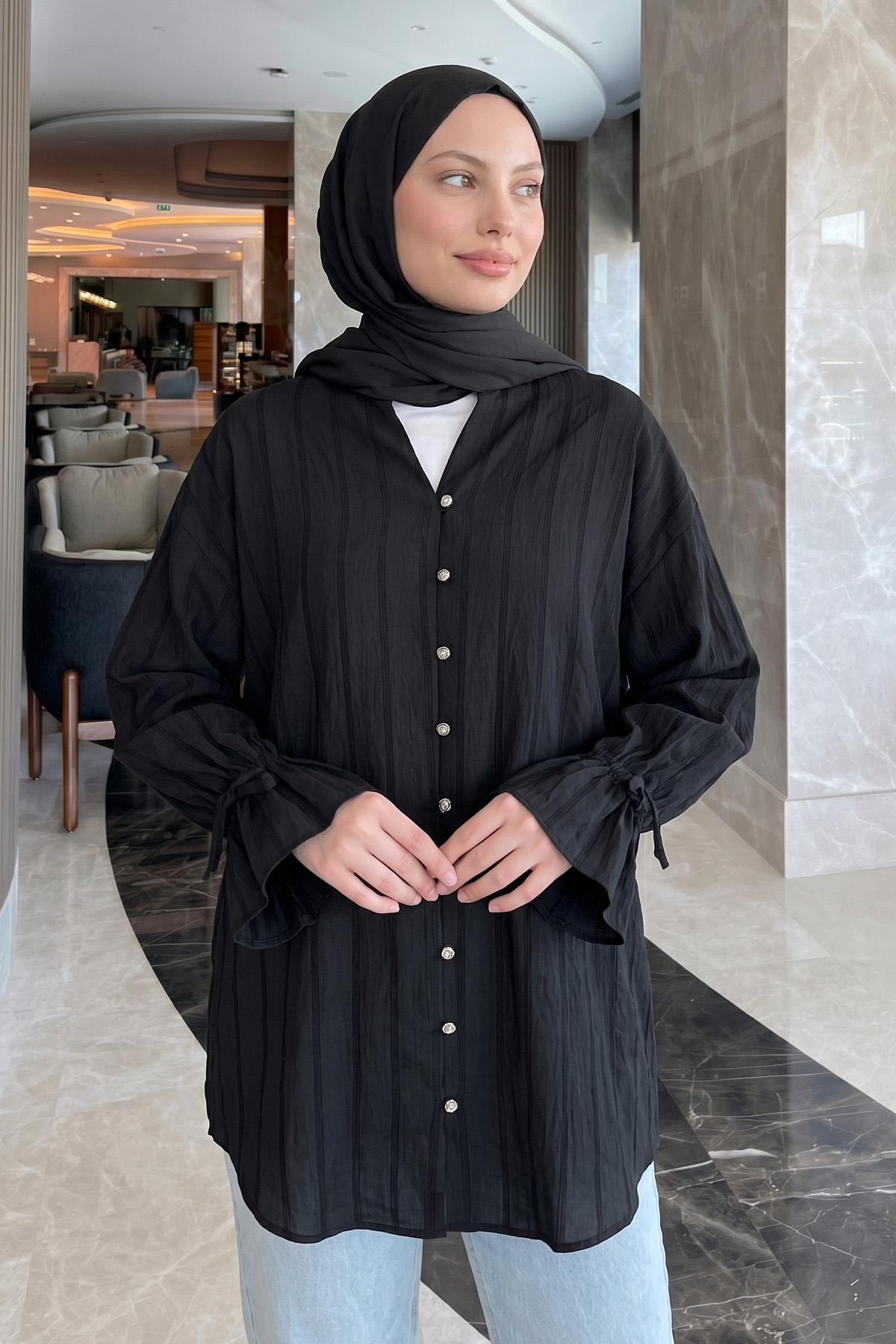 Degaje Yaka Çizgili Gömlek Y0121 - SİYAH |  