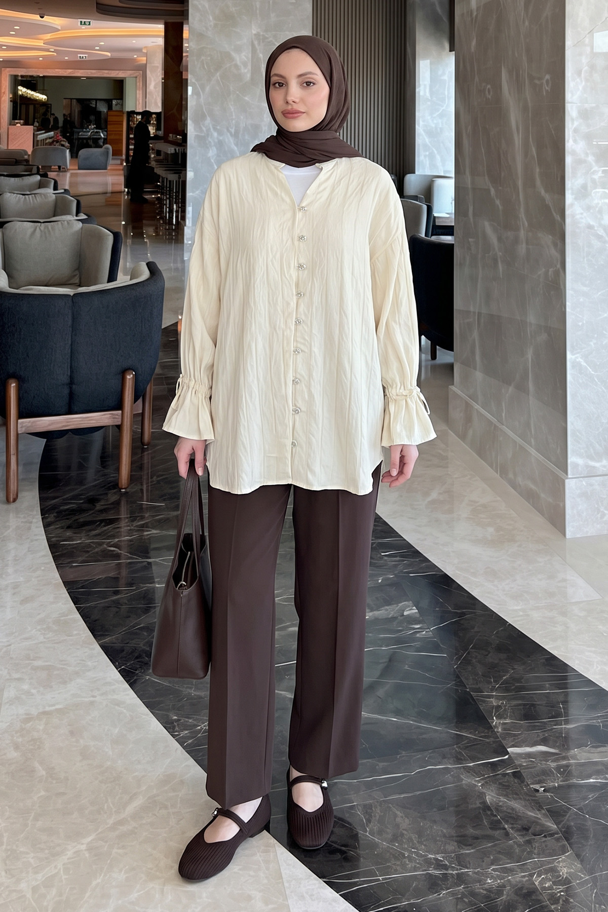 Degaje Yaka Çizgili Gömlek Y0121 - TEREYAĞ SARISI |  