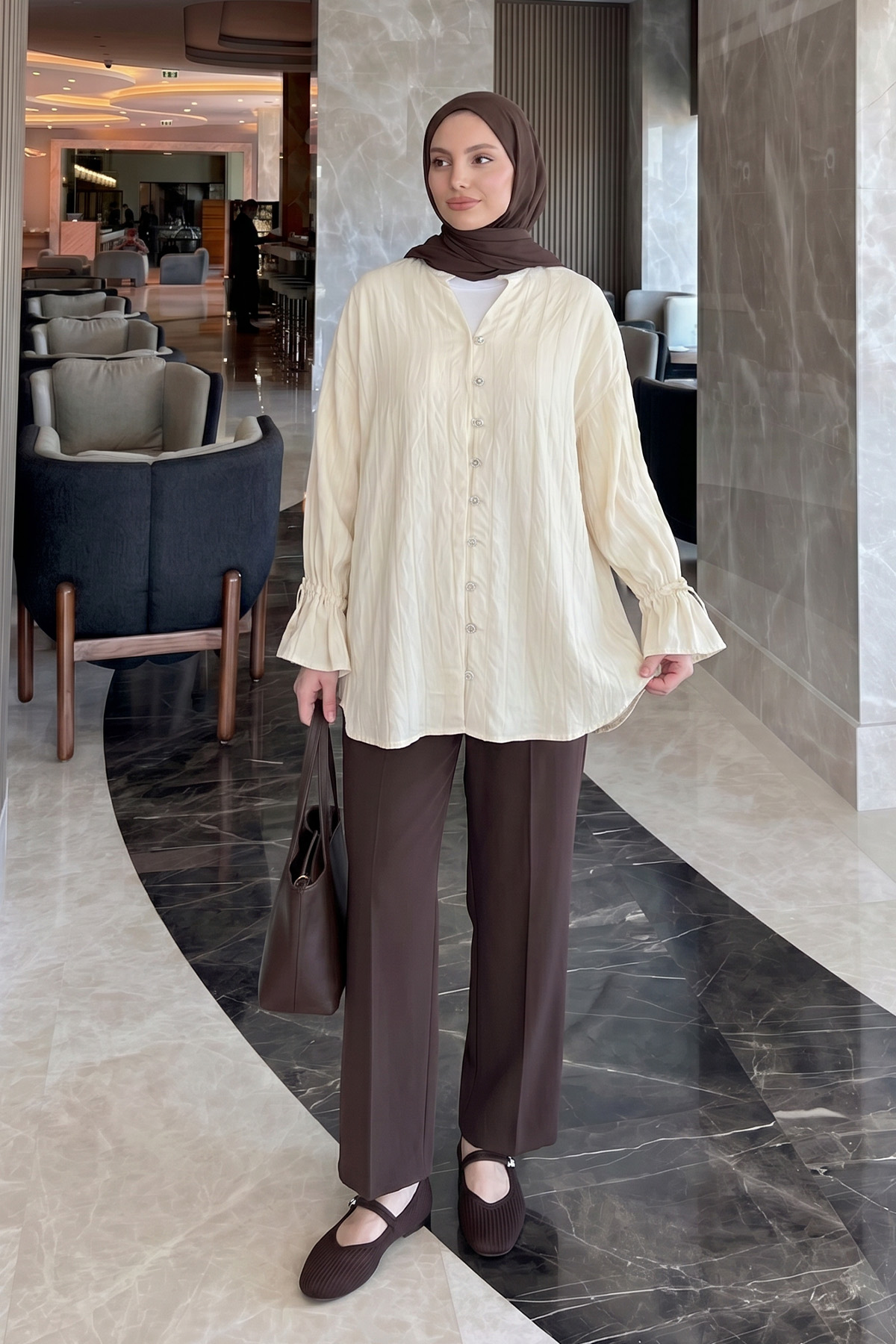 Degaje Yaka Çizgili Gömlek Y0121 - TEREYAĞ SARISI |  