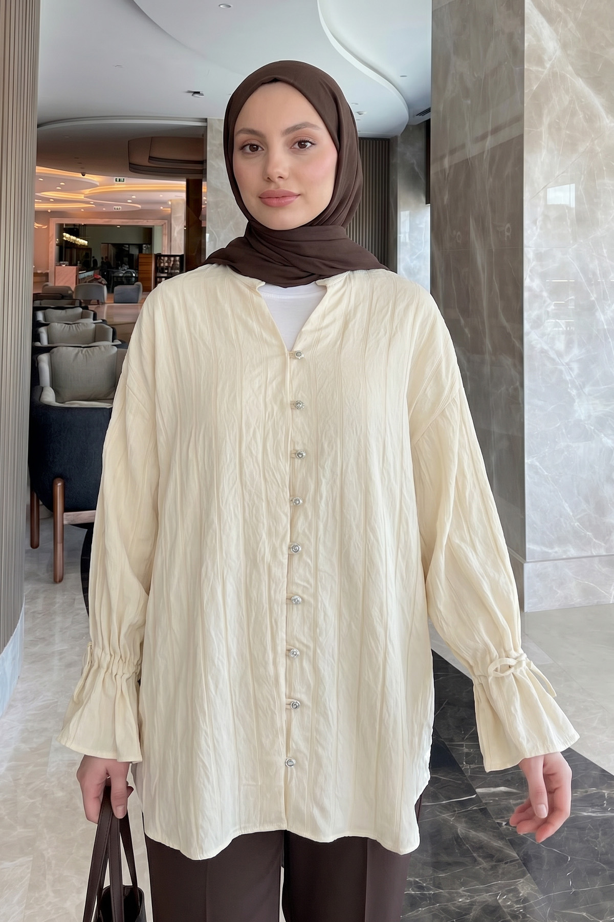 Degaje Yaka Çizgili Gömlek Y0121 - TEREYAĞ SARISI |  