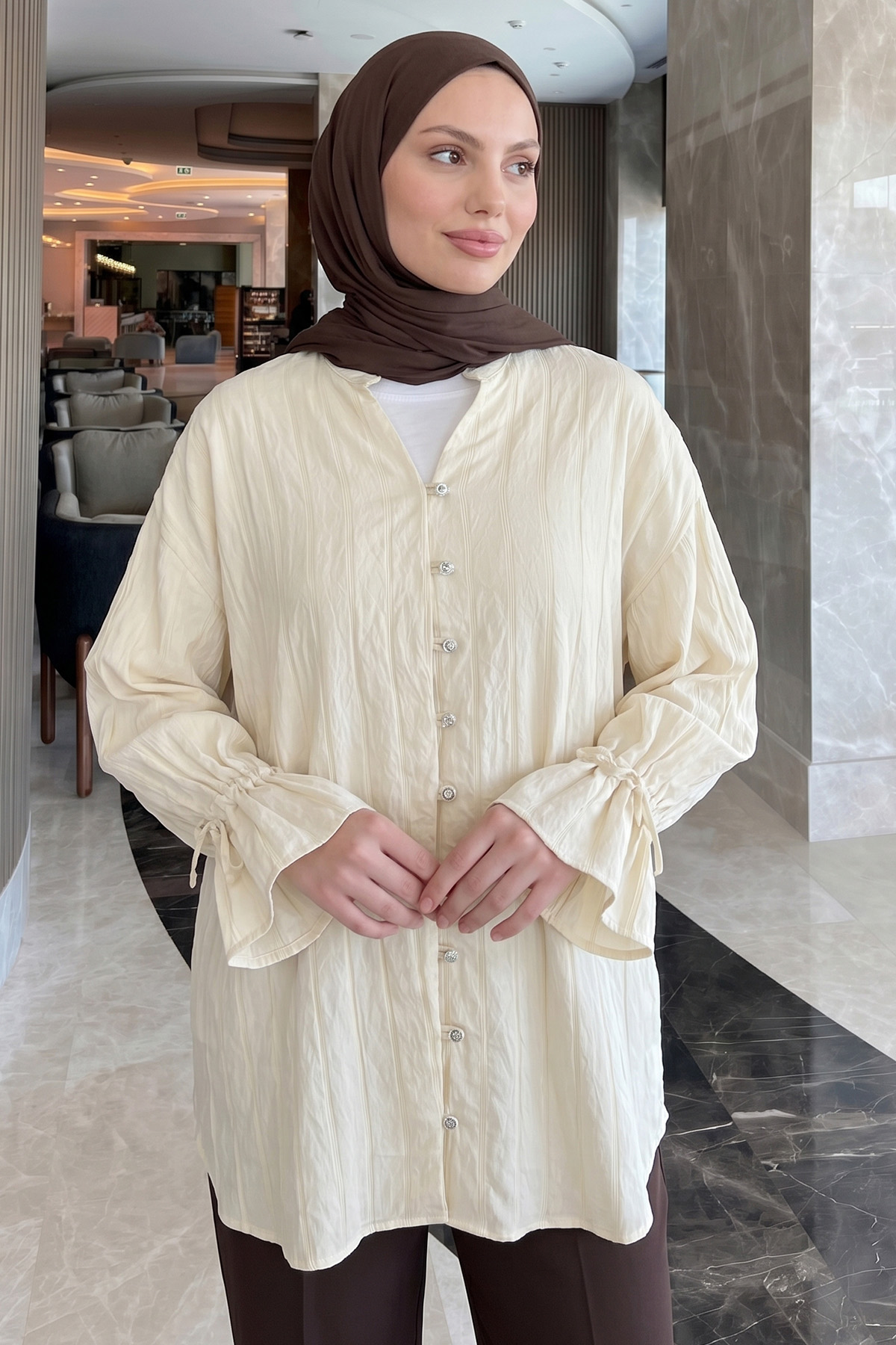 Degaje Yaka Çizgili Gömlek Y0121 - TEREYAĞ SARISI |  