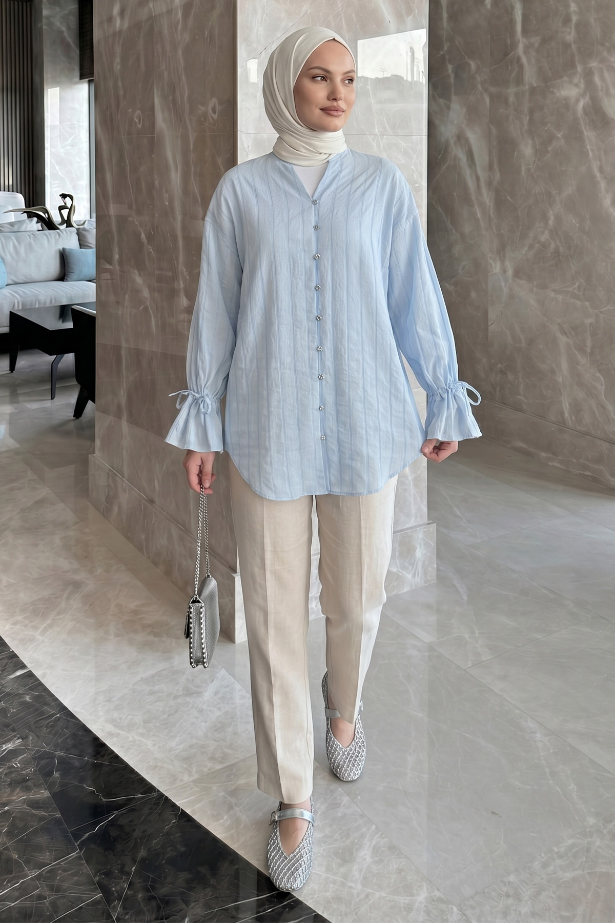 Degaje Yaka Çizgili Gömlek Y0121 - BEBE MAVİSİ |  