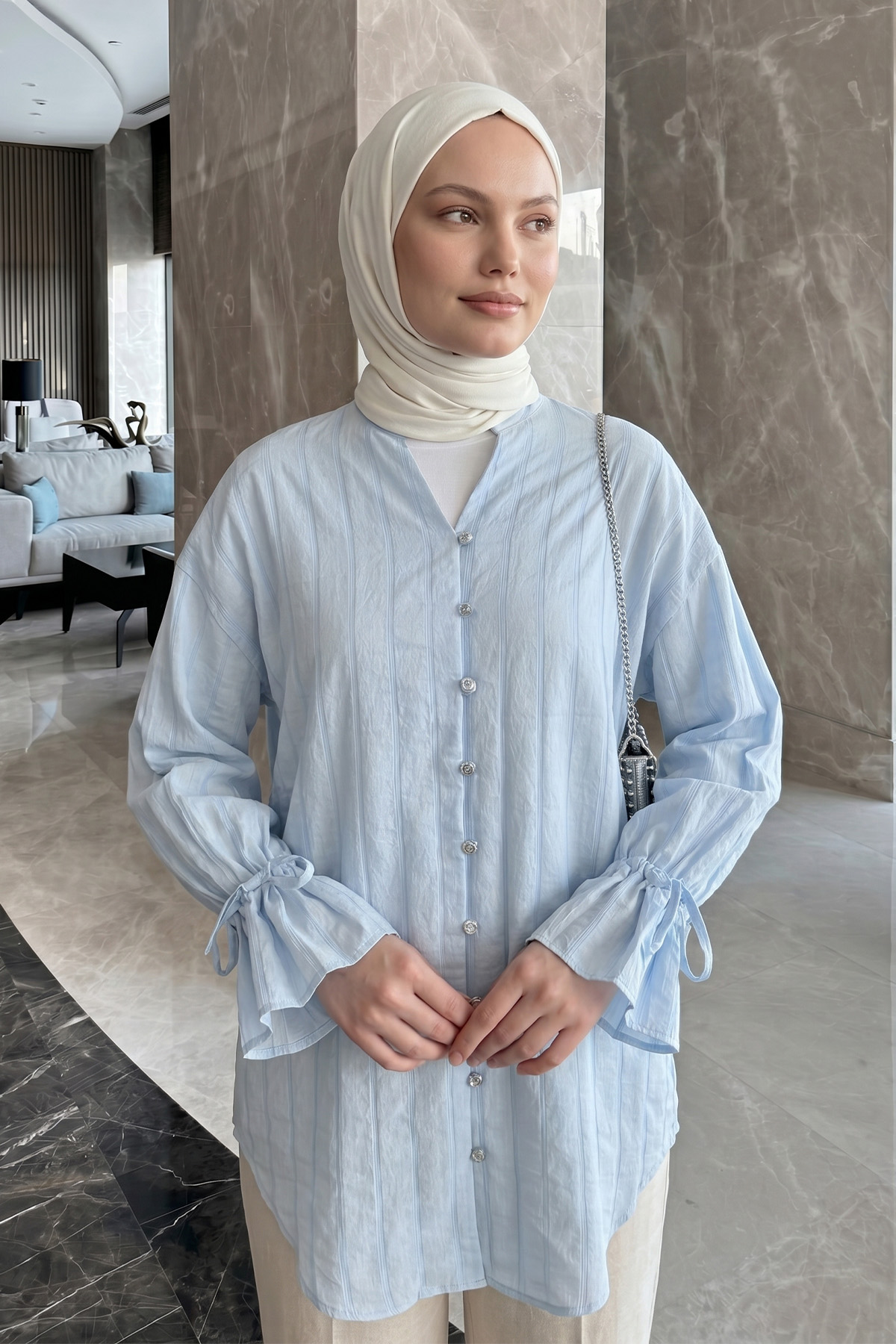 Degaje Yaka Çizgili Gömlek Y0121 - BEBE MAVİSİ |  