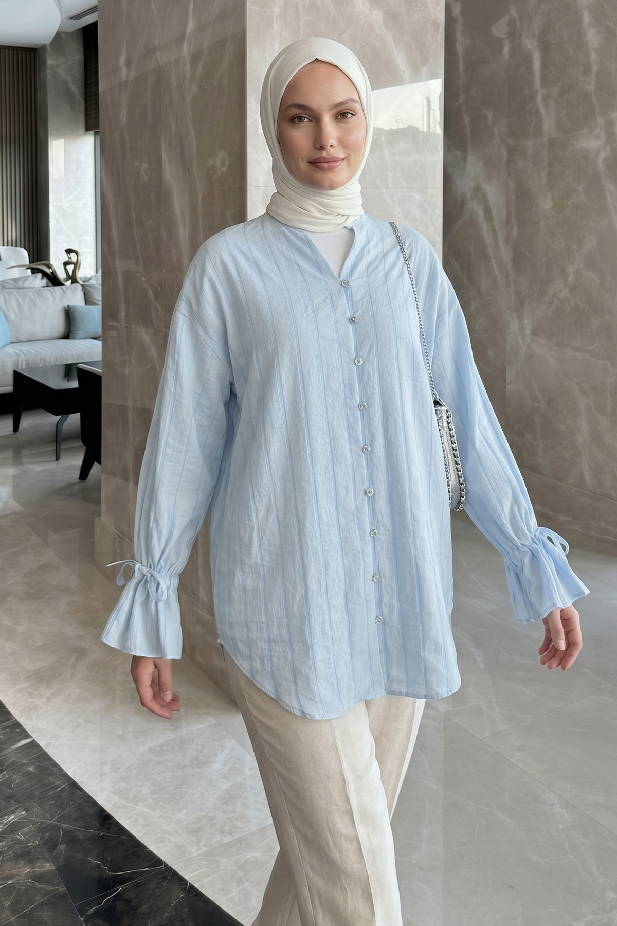 Degaje Yaka Çizgili Gömlek Y0121 - BEBE MAVİSİ |  