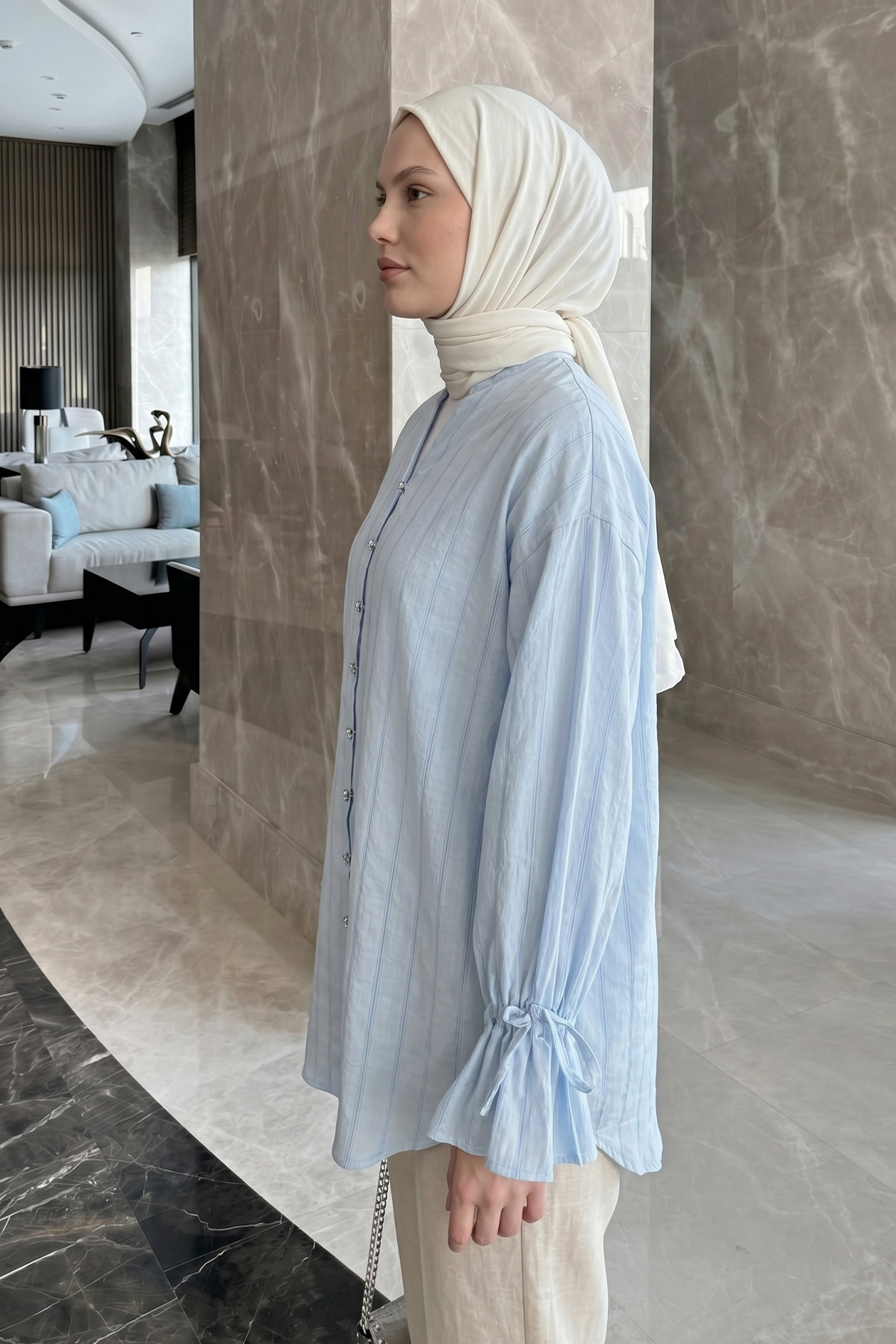 Degaje Yaka Çizgili Gömlek Y0121 - BEBE MAVİSİ |  