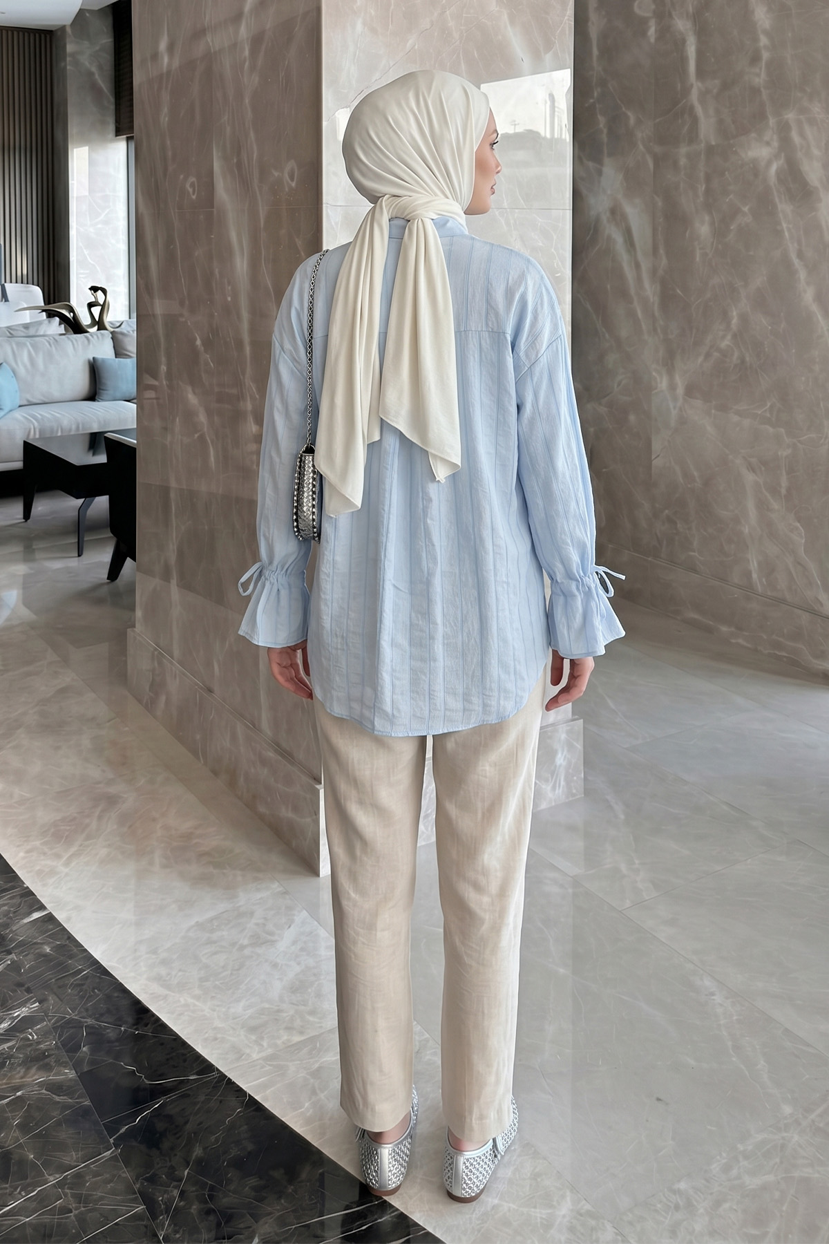 Degaje Yaka Çizgili Gömlek Y0121 - BEBE MAVİSİ |  