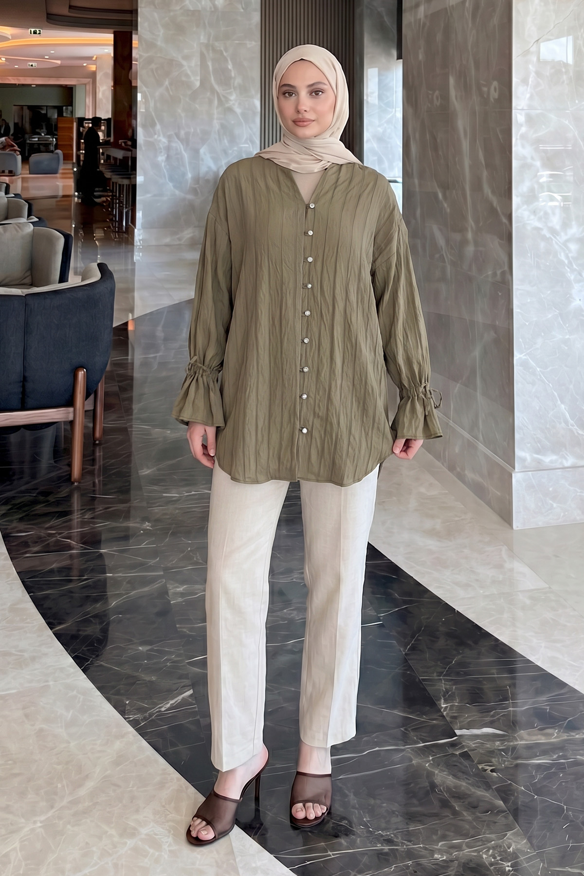 Degaje Yaka Çizgili Gömlek Y0121 - MAT HAKİ |  