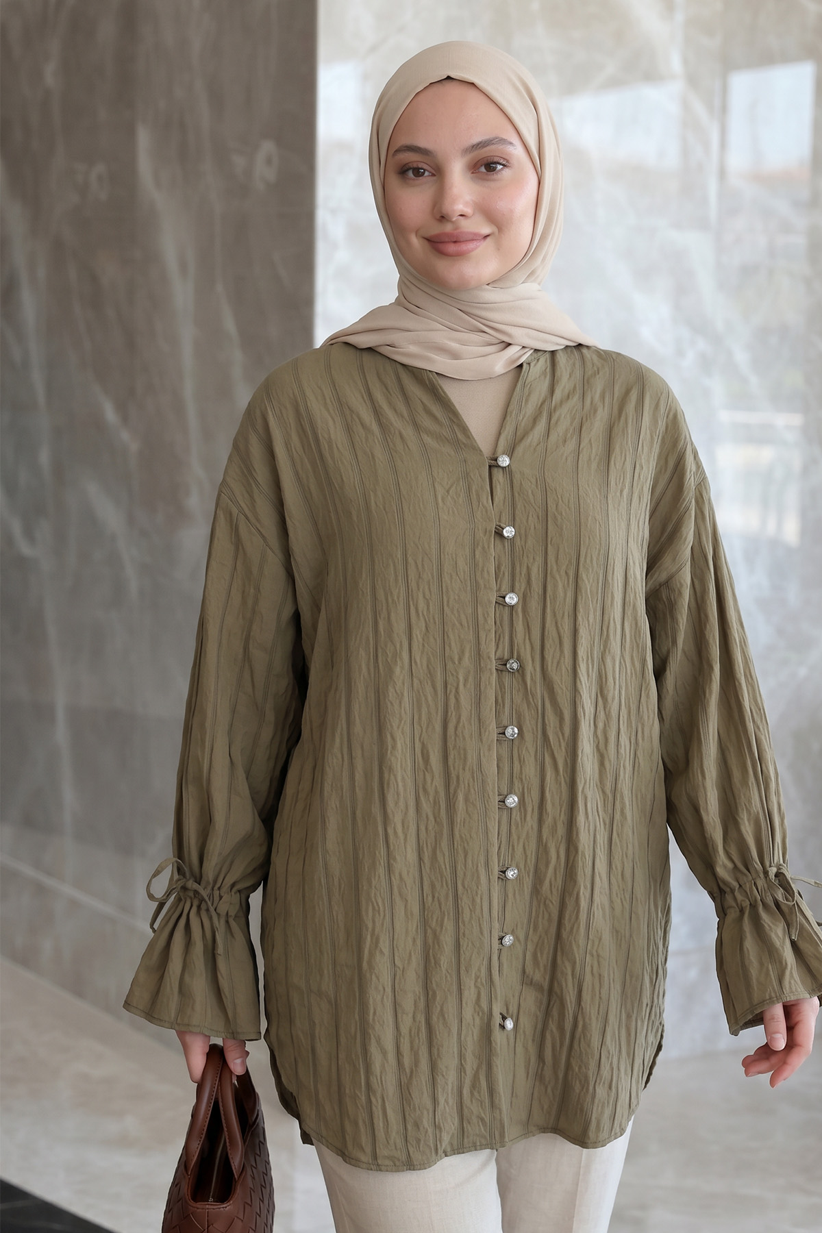 Degaje Yaka Çizgili Gömlek Y0121 - MAT HAKİ |  