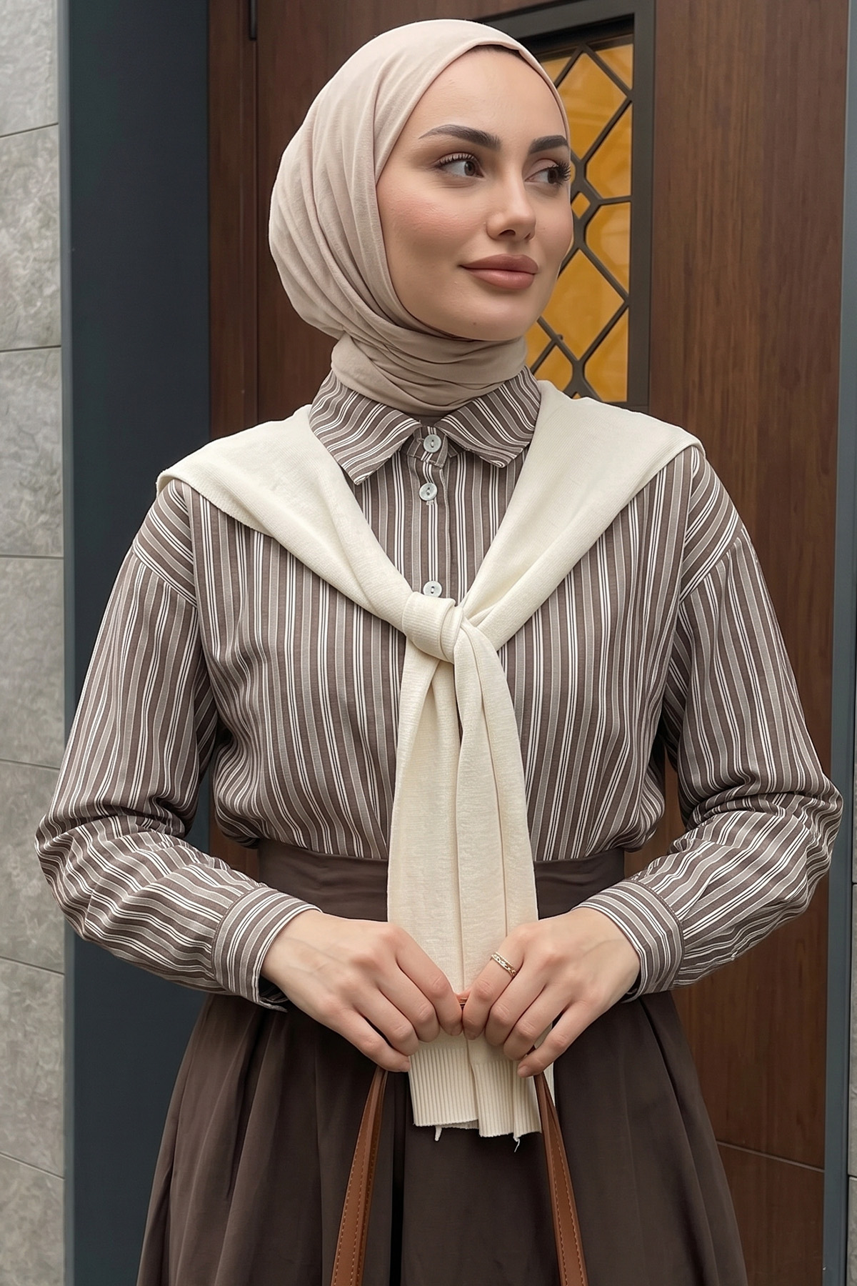 Süveter Bağlamalı Gömlek 0203 - KAHVERENGİ |  