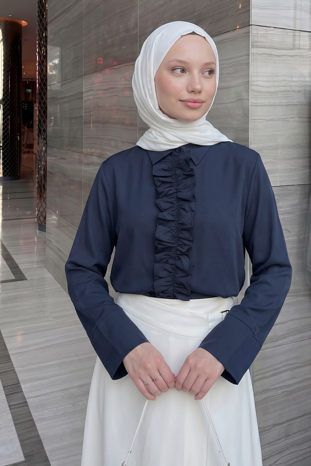 Önü Büzgülü Gömlek Y0125 - LACİVERT |  