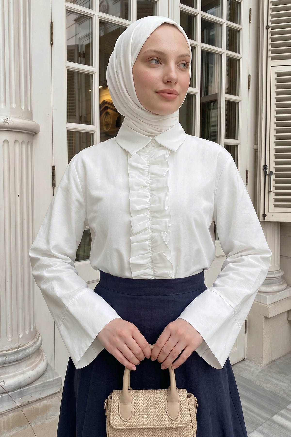 Önü Büzgülü Gömlek Y0125 - KREM |  