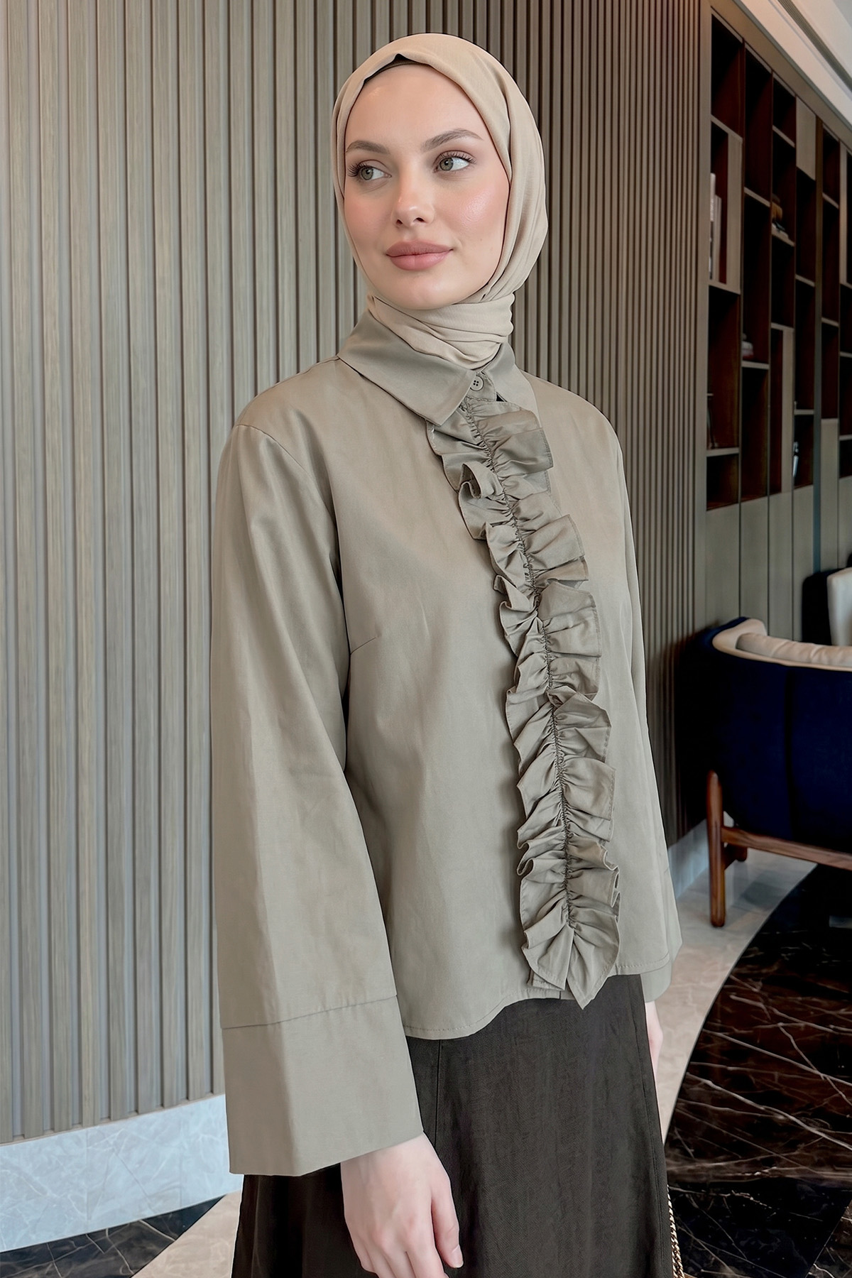 Önü Büzgülü Gömlek Y0125 - HAKİ |  