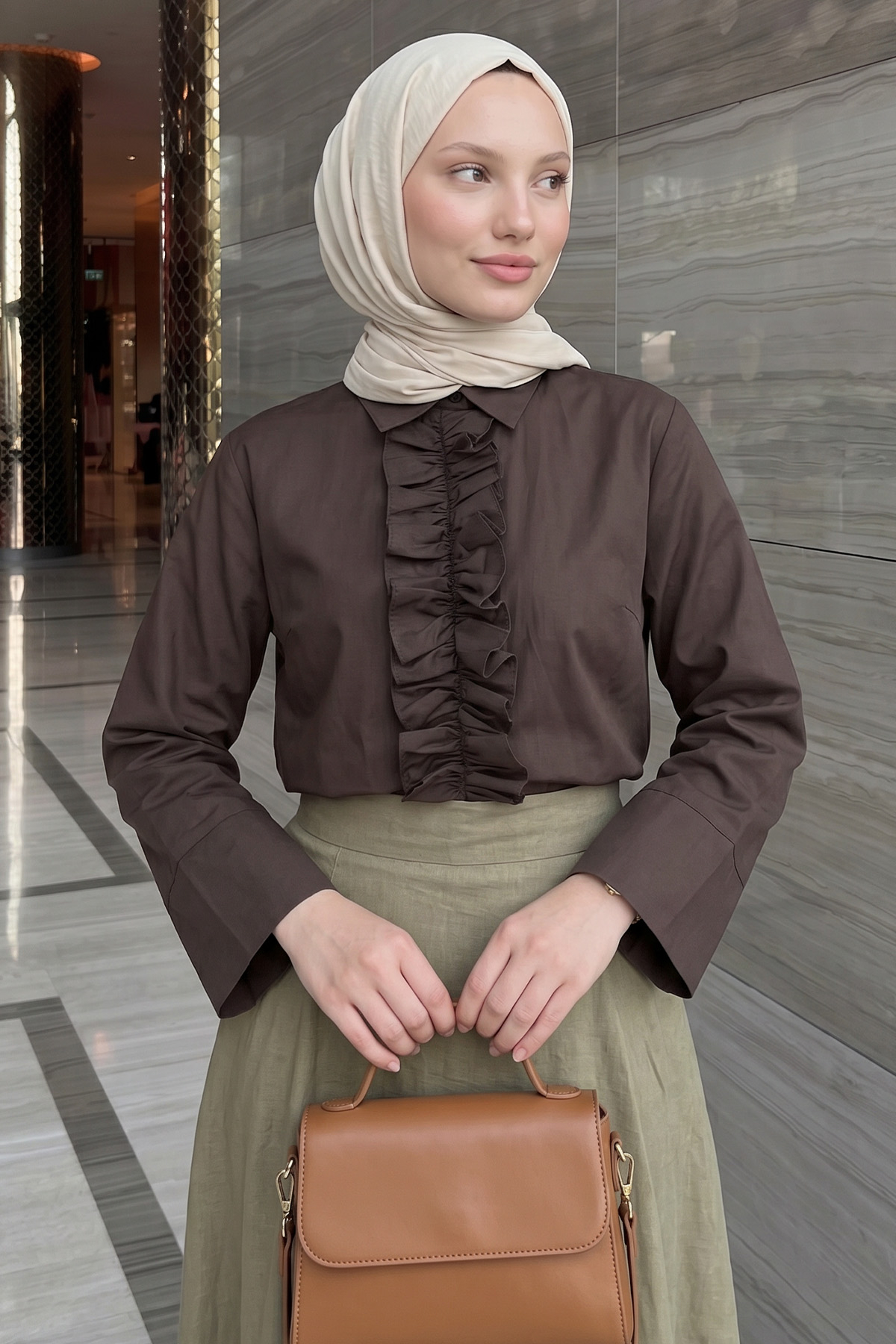 Önü Büzgülü Gömlek Y0125 - KAHVERENGİ |  