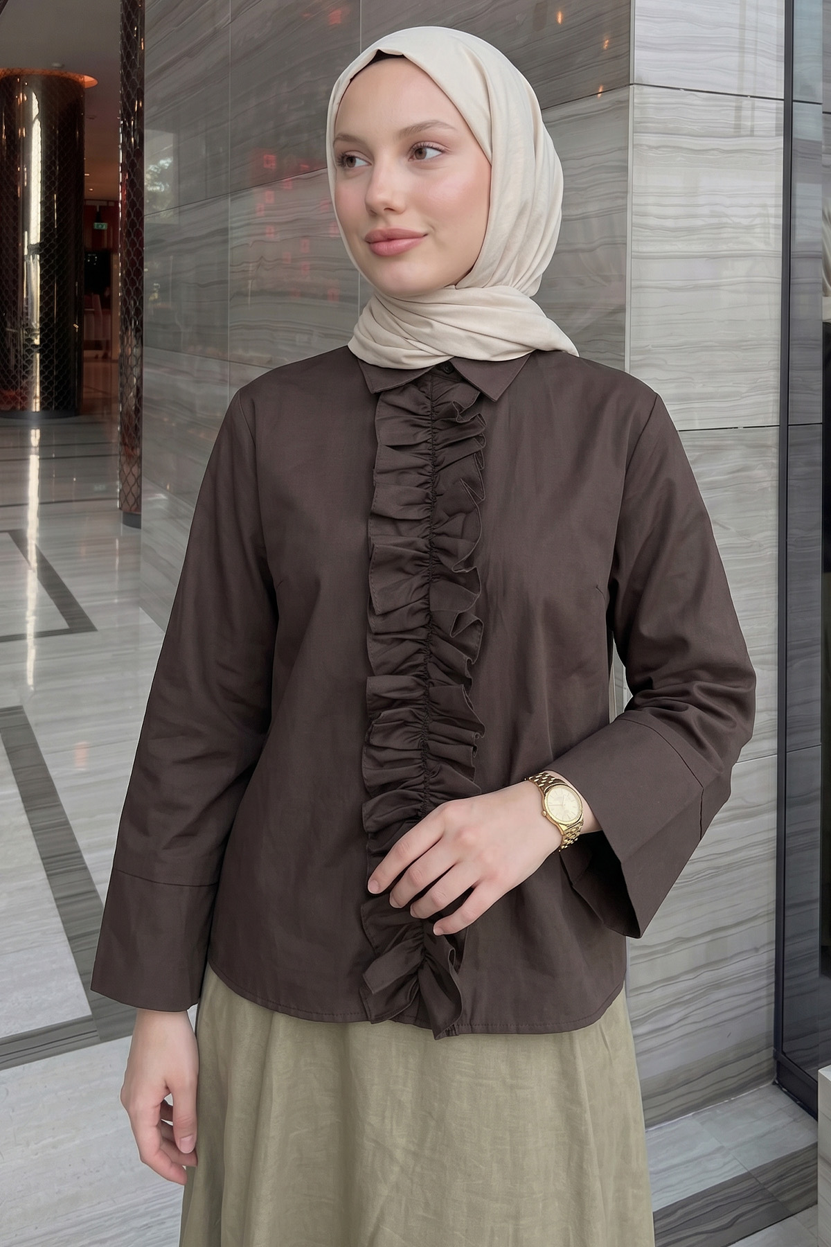 Önü Büzgülü Gömlek Y0125 - KAHVERENGİ |  