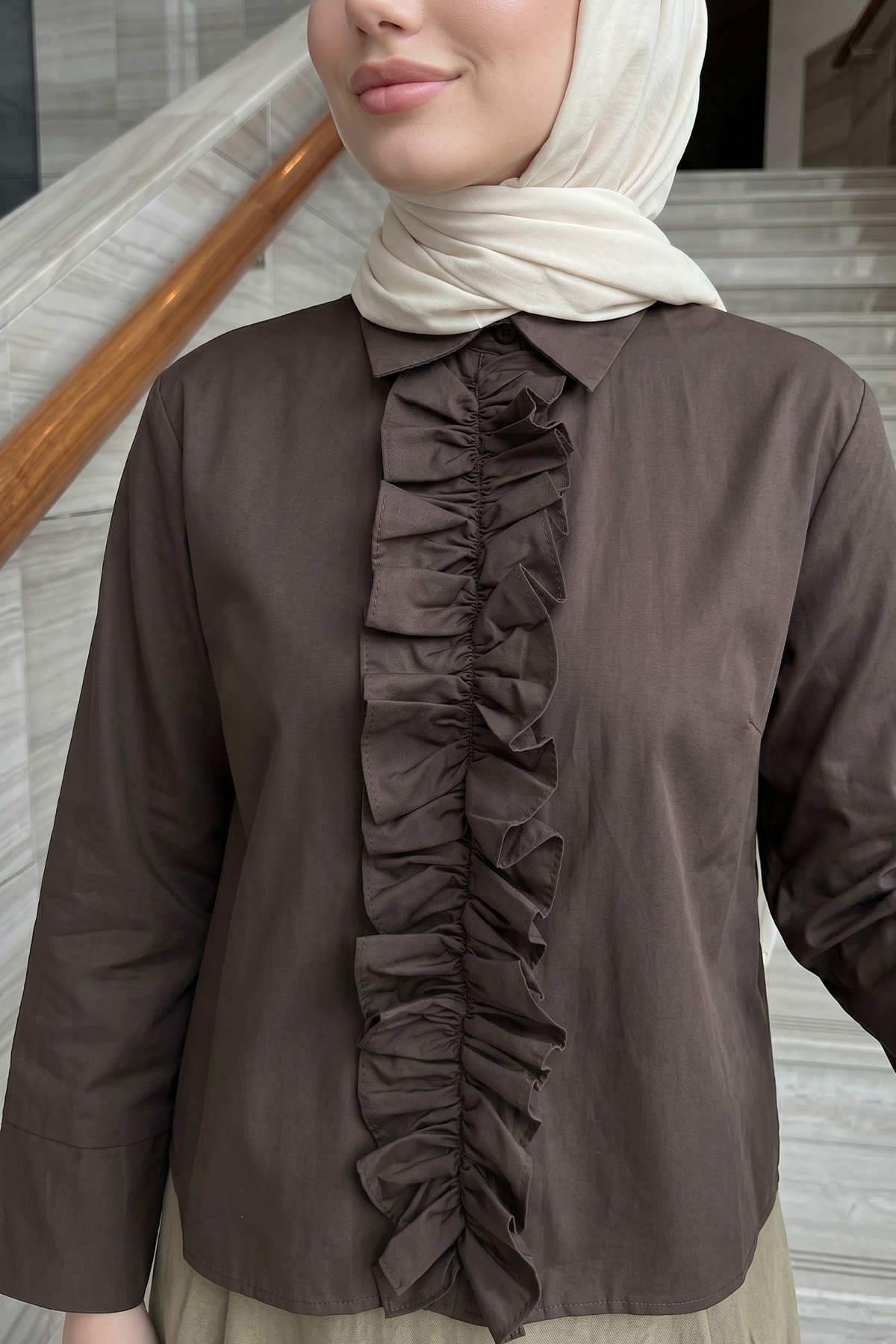 Önü Büzgülü Gömlek Y0125 - KAHVERENGİ |  