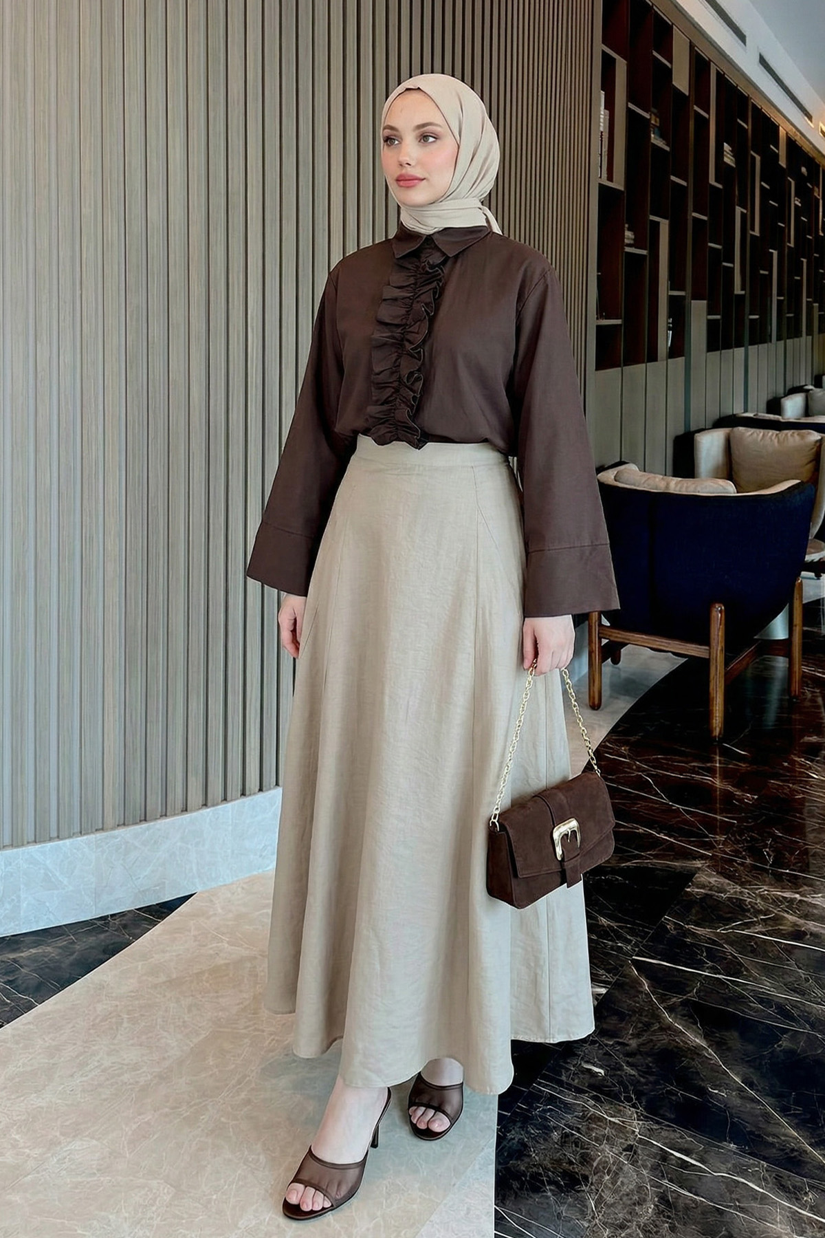 Önü Büzgülü Gömlek Y0125 - KAHVERENGİ |  