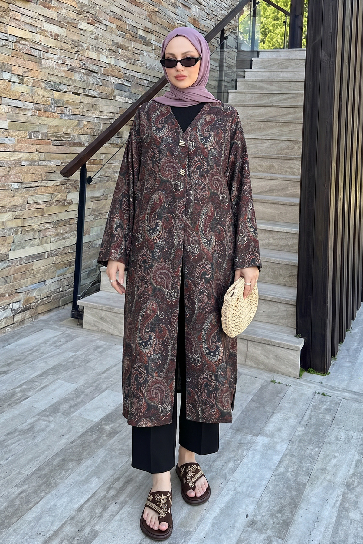 Şal Desen Düğmeli Kimono Y0127 - A. KAHVE |  