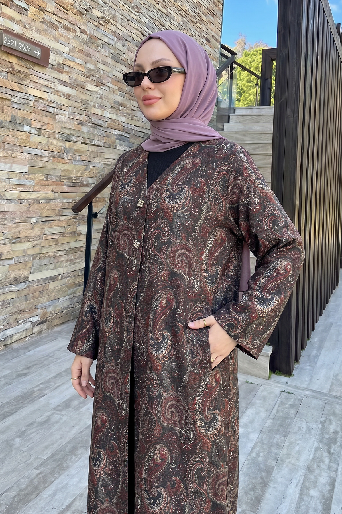 Şal Desen Düğmeli Kimono Y0127 - A. KAHVE |  