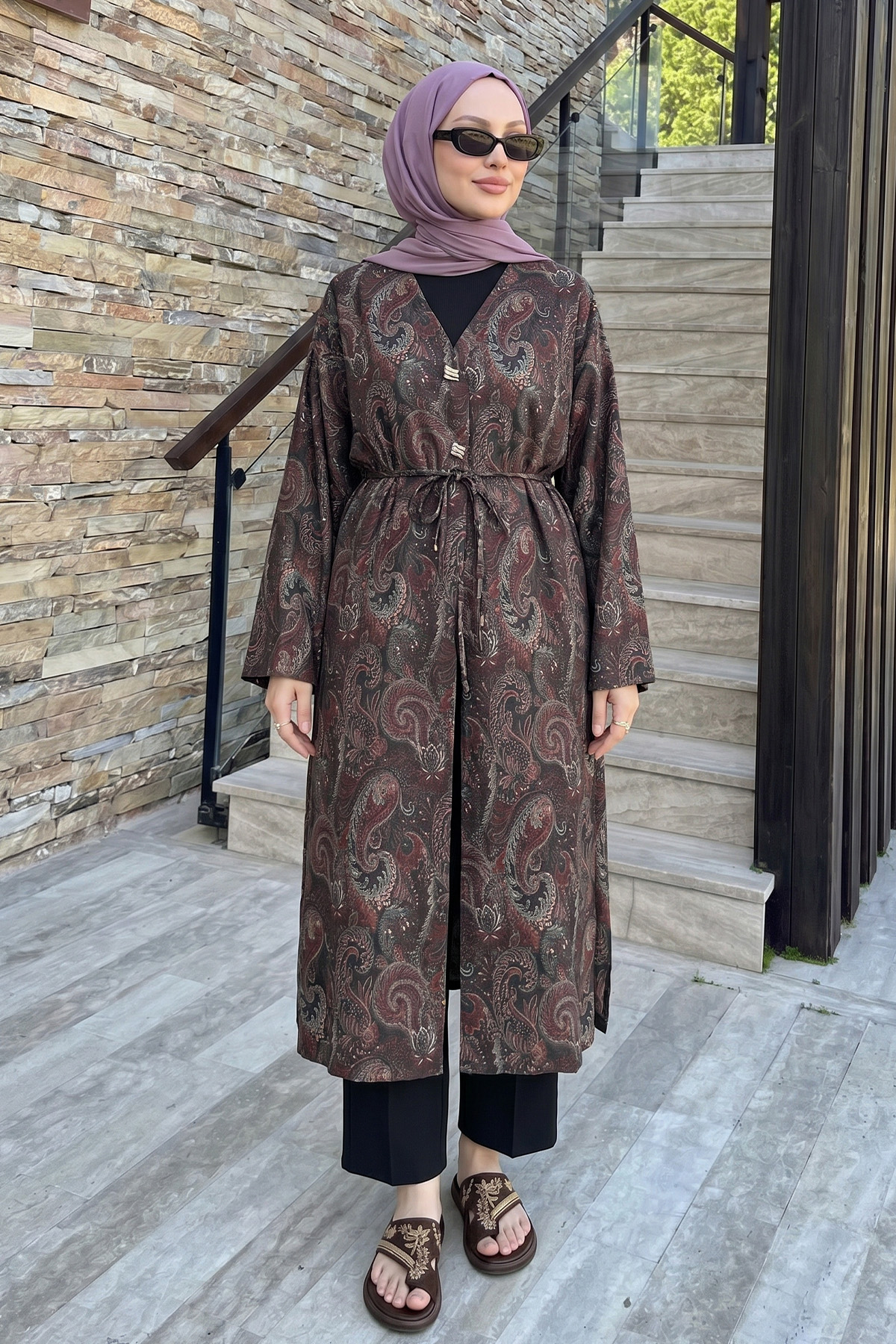 Şal Desen Düğmeli Kimono Y0127 - A. KAHVE |  