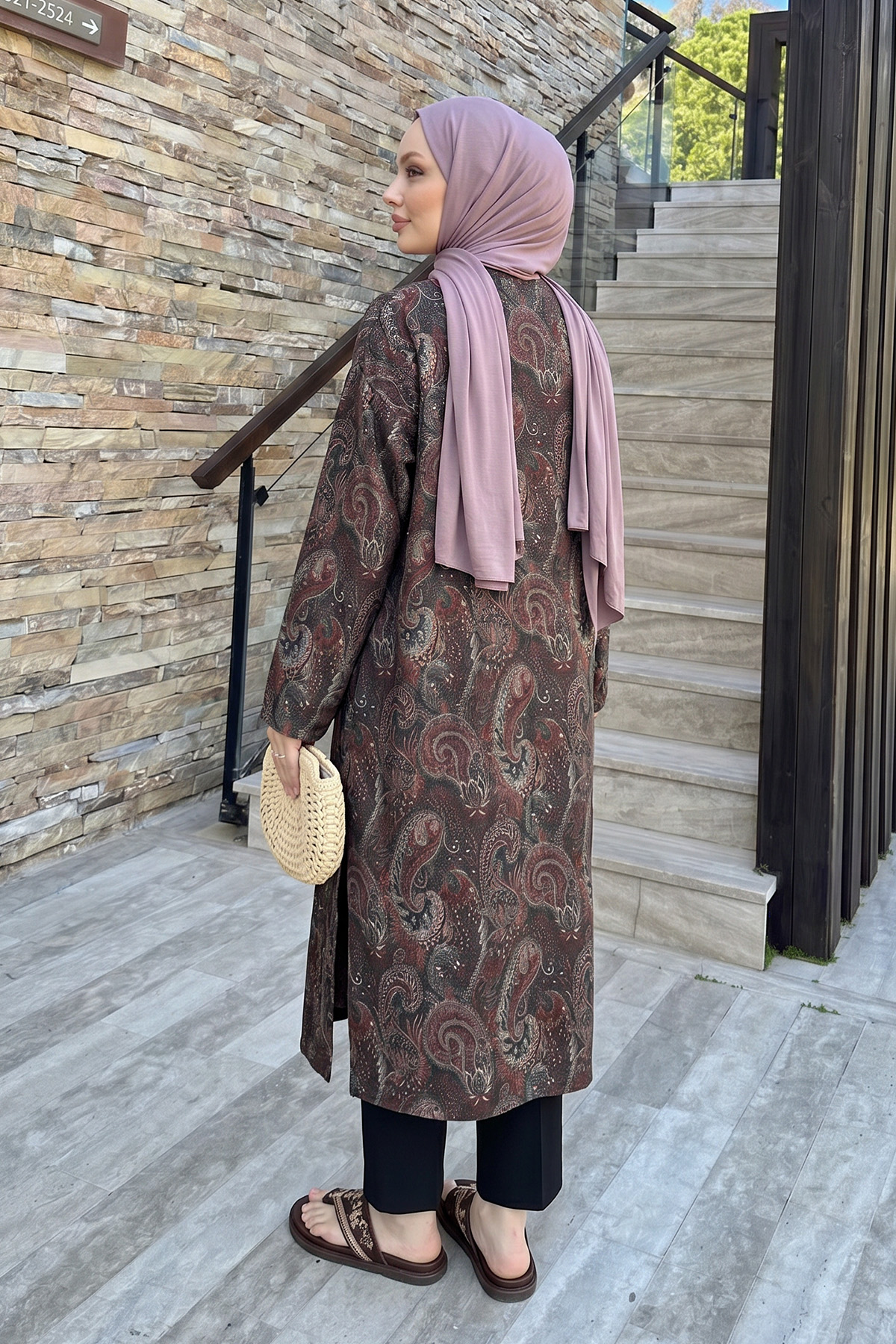 Şal Desen Düğmeli Kimono Y0127 - A. KAHVE |  