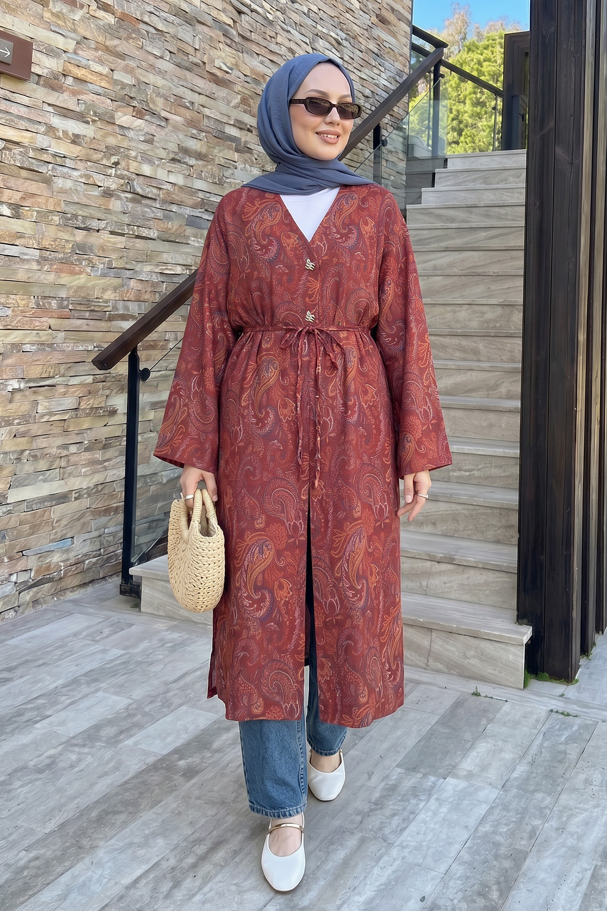 Şal Desen Düğmeli Kimono Y0127 - BORDO |  