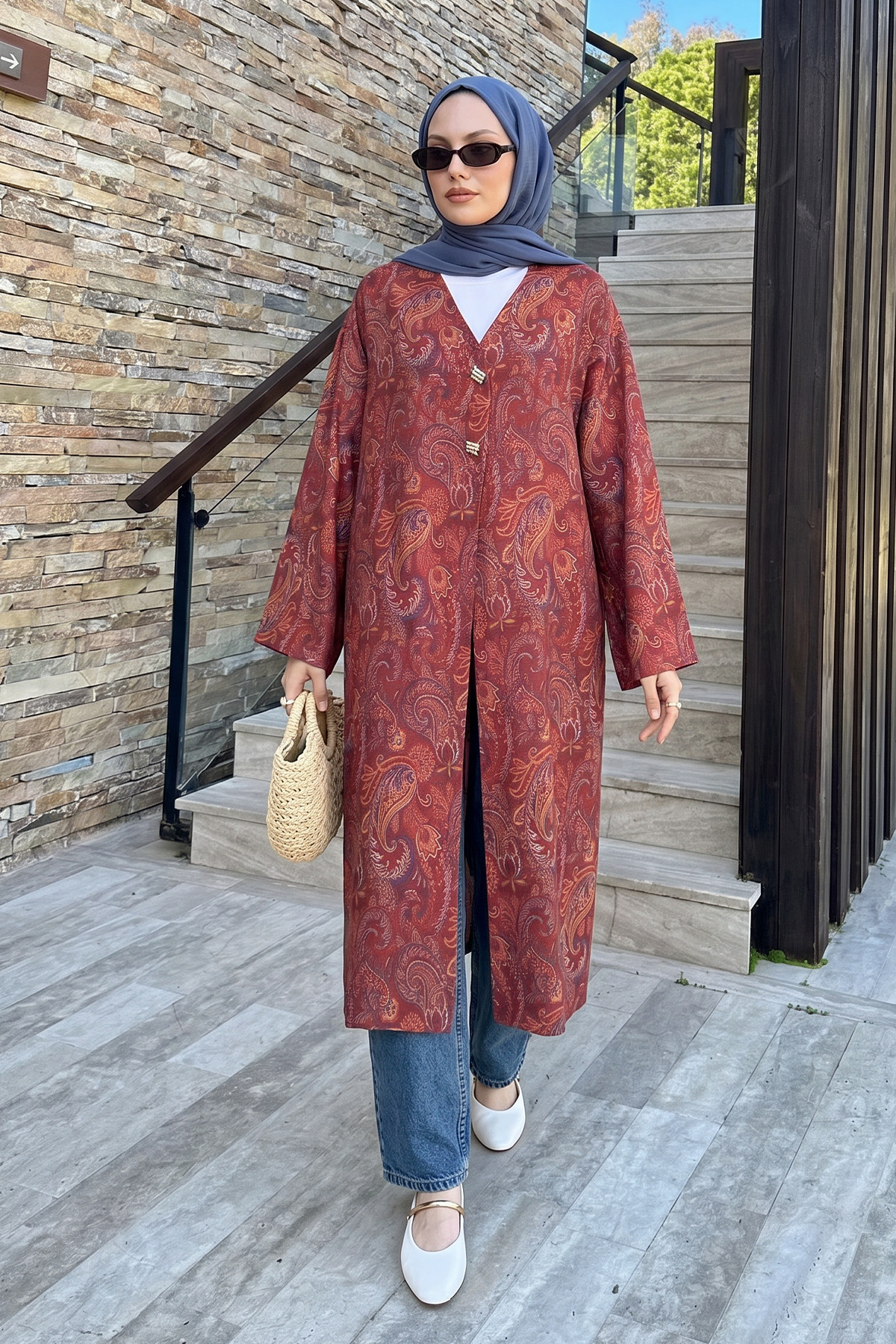 Şal Desen Düğmeli Kimono Y0127 - BORDO |  