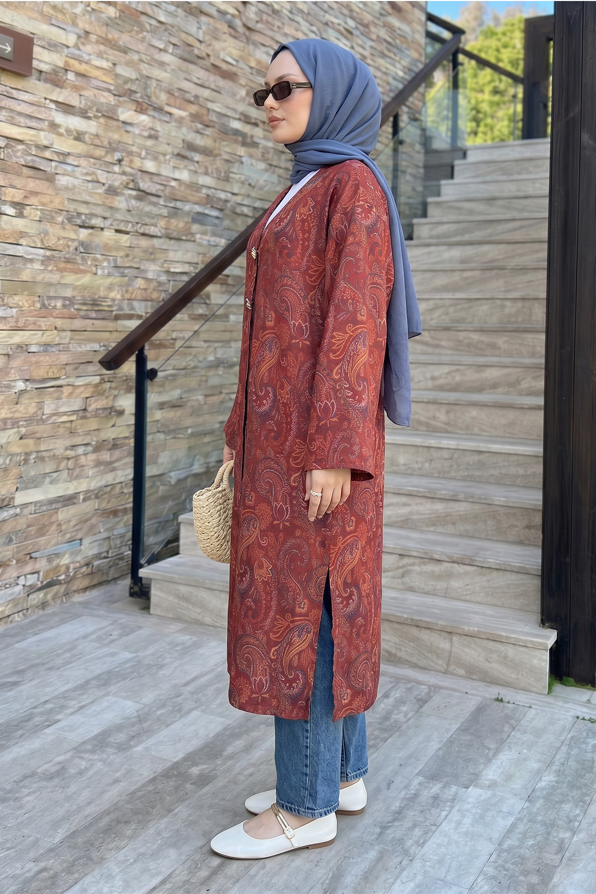 Şal Desen Düğmeli Kimono Y0127 - BORDO |  