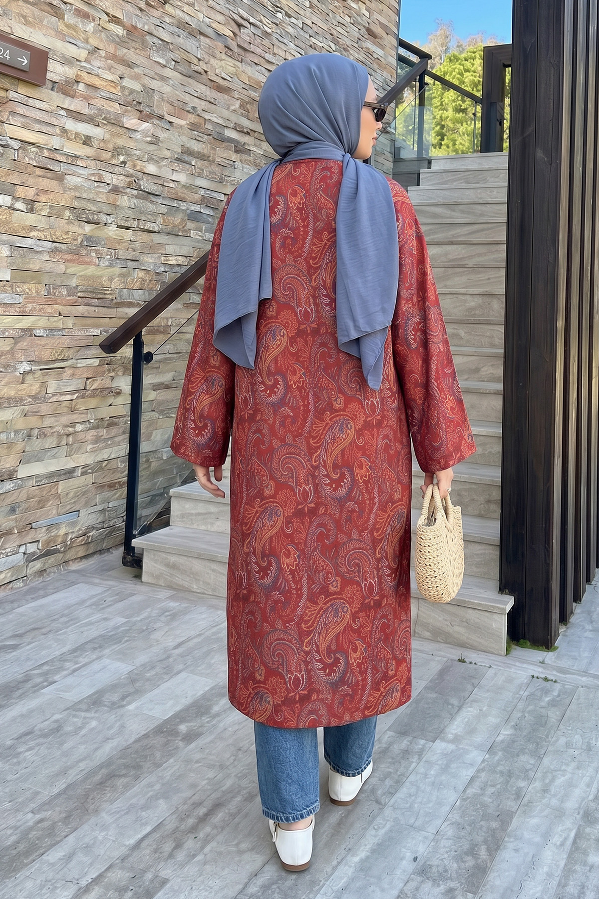 Şal Desen Düğmeli Kimono Y0127 - BORDO |  