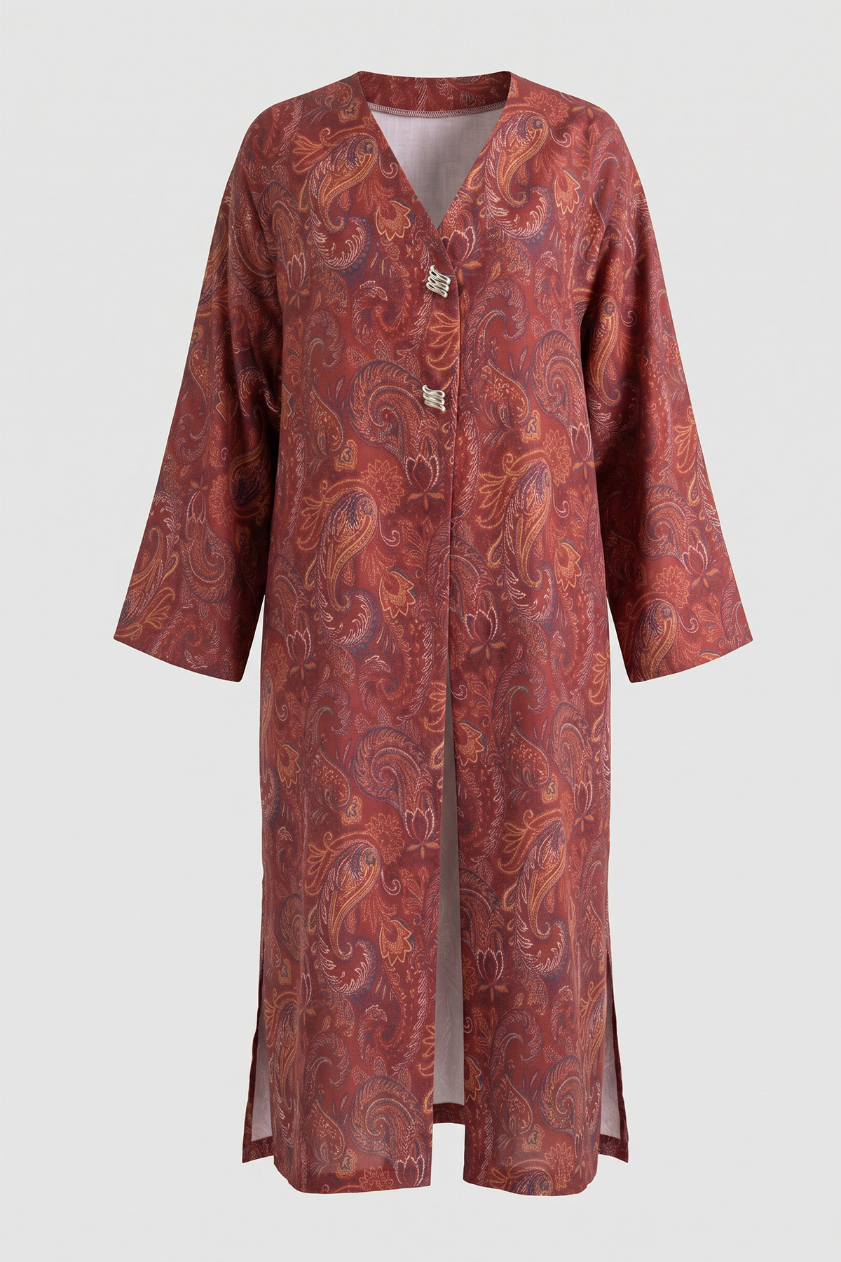 Şal Desen Düğmeli Kimono Y0127 - BORDO |  