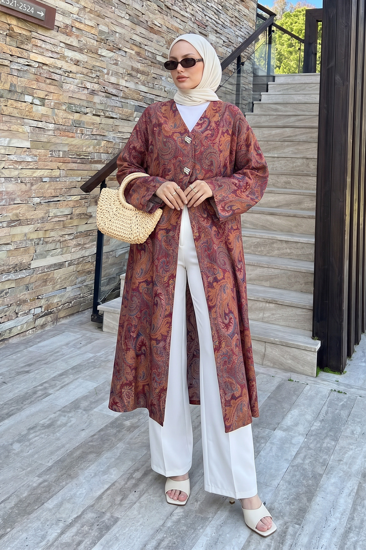 Şal Desen Düğmeli Kimono Y0127 - MÜRDÜM |  