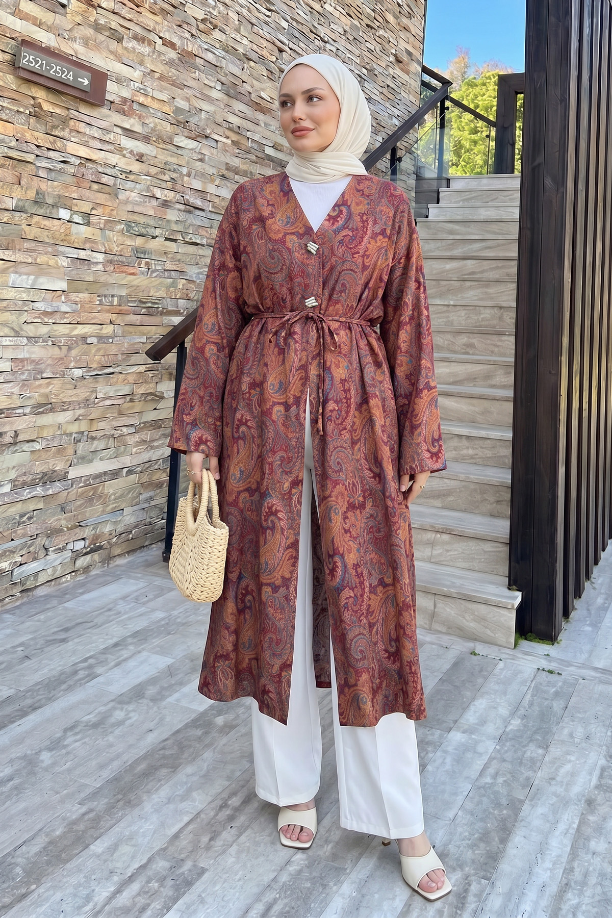 Şal Desen Düğmeli Kimono Y0127 - MÜRDÜM |  