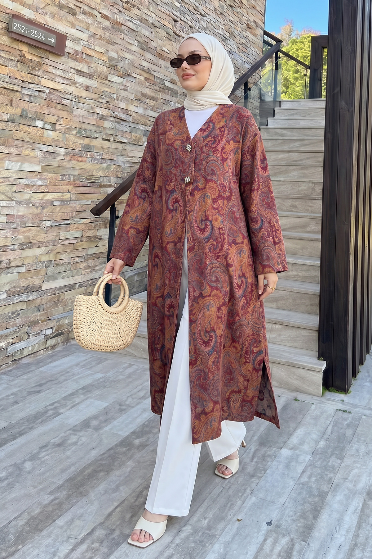 Şal Desen Düğmeli Kimono Y0127 - MÜRDÜM |  