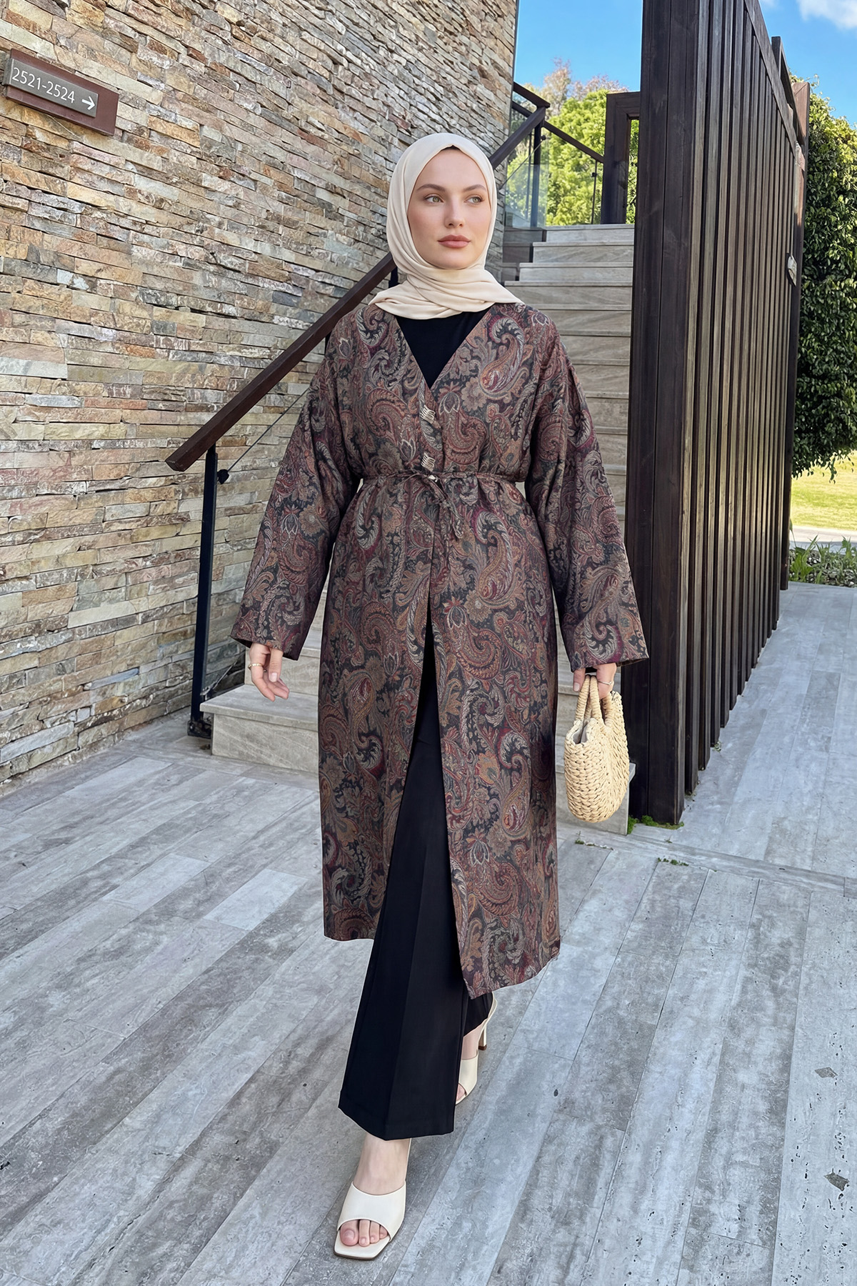 Şal Desen Düğmeli Kimono Y0127 - KAHVE |  