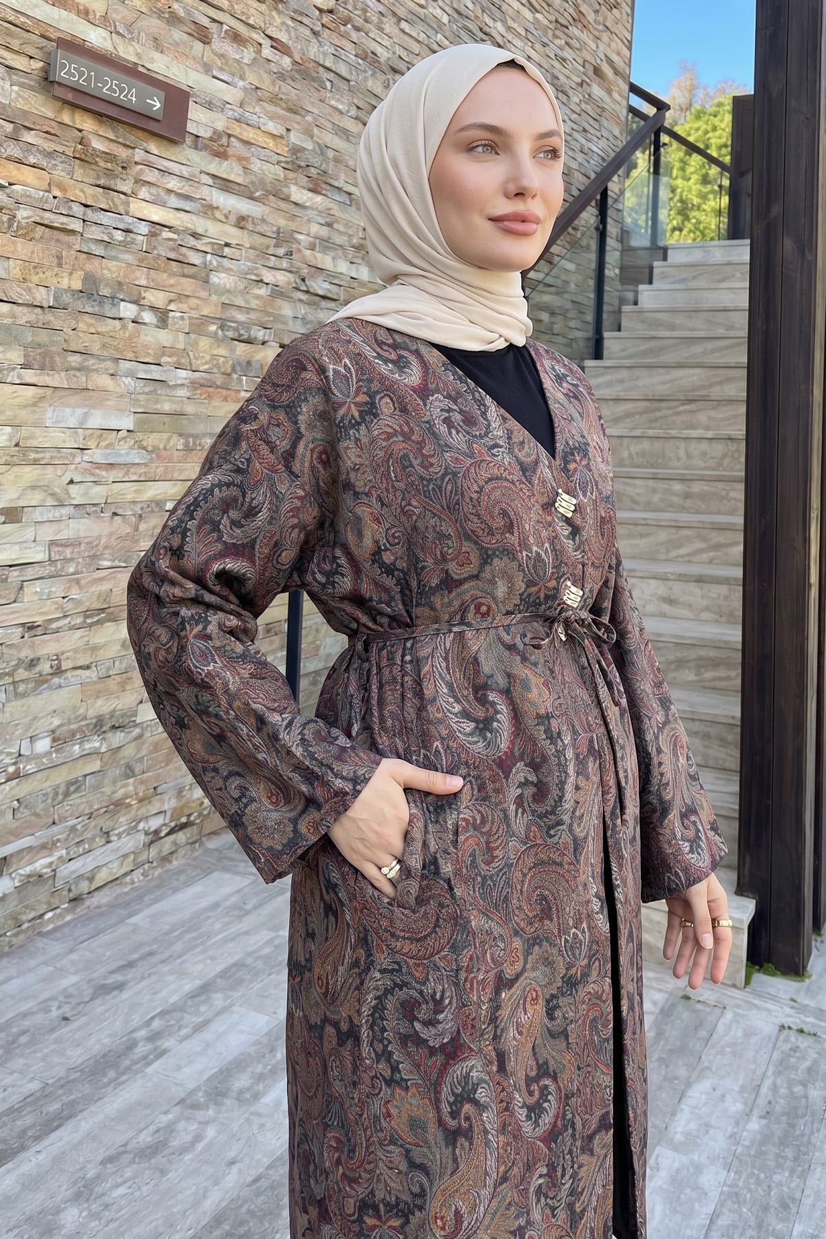 Şal Desen Düğmeli Kimono Y0127 - KAHVE |  