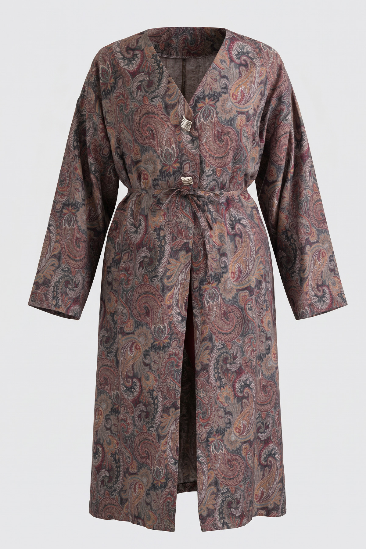 Şal Desen Düğmeli Kimono Y0127 - KAHVE |  